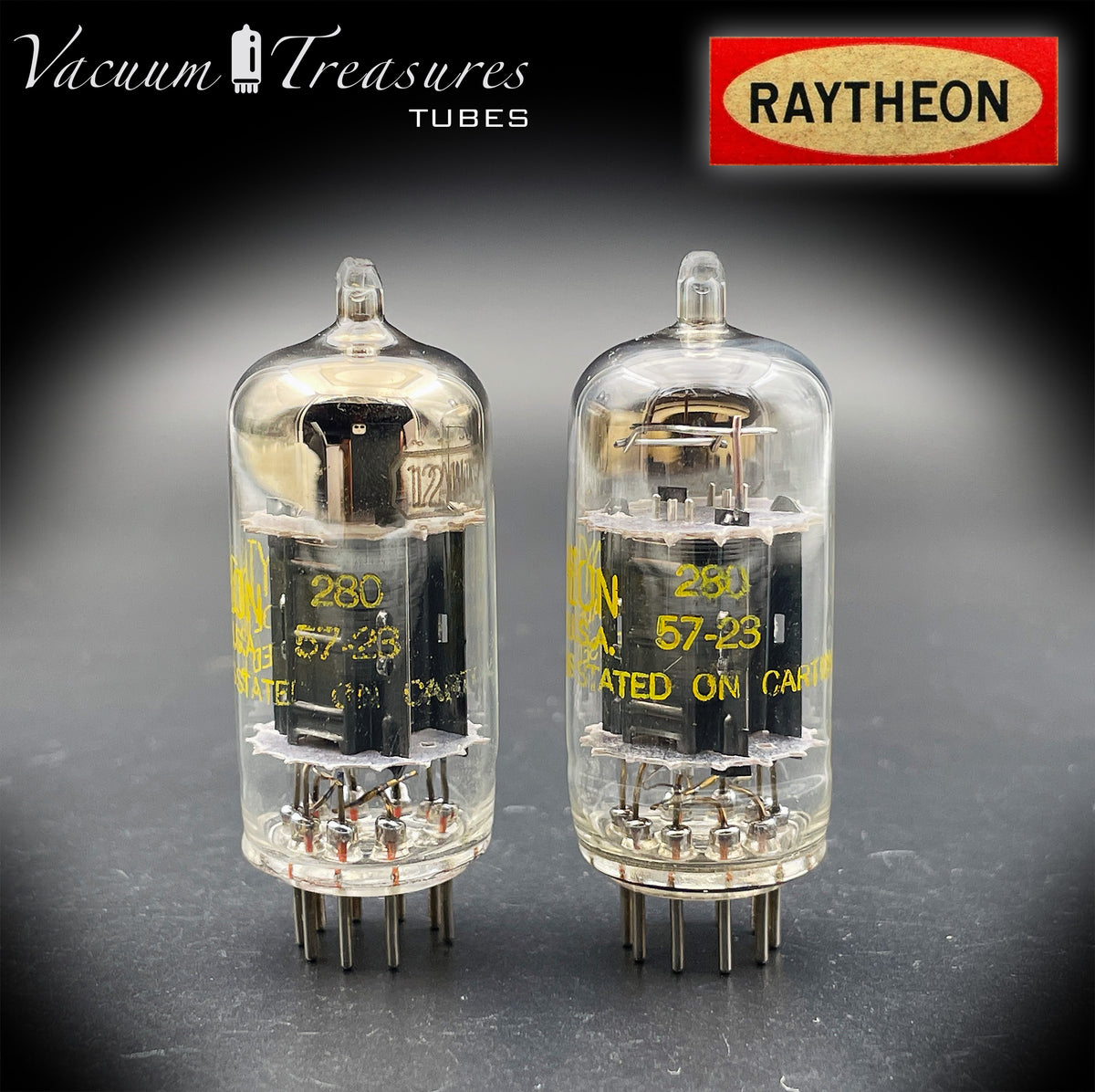 12AU7 / ECC82 RAYTHEON Matched Pair Long Black Plate Square Getter Tested Tubes USA '57