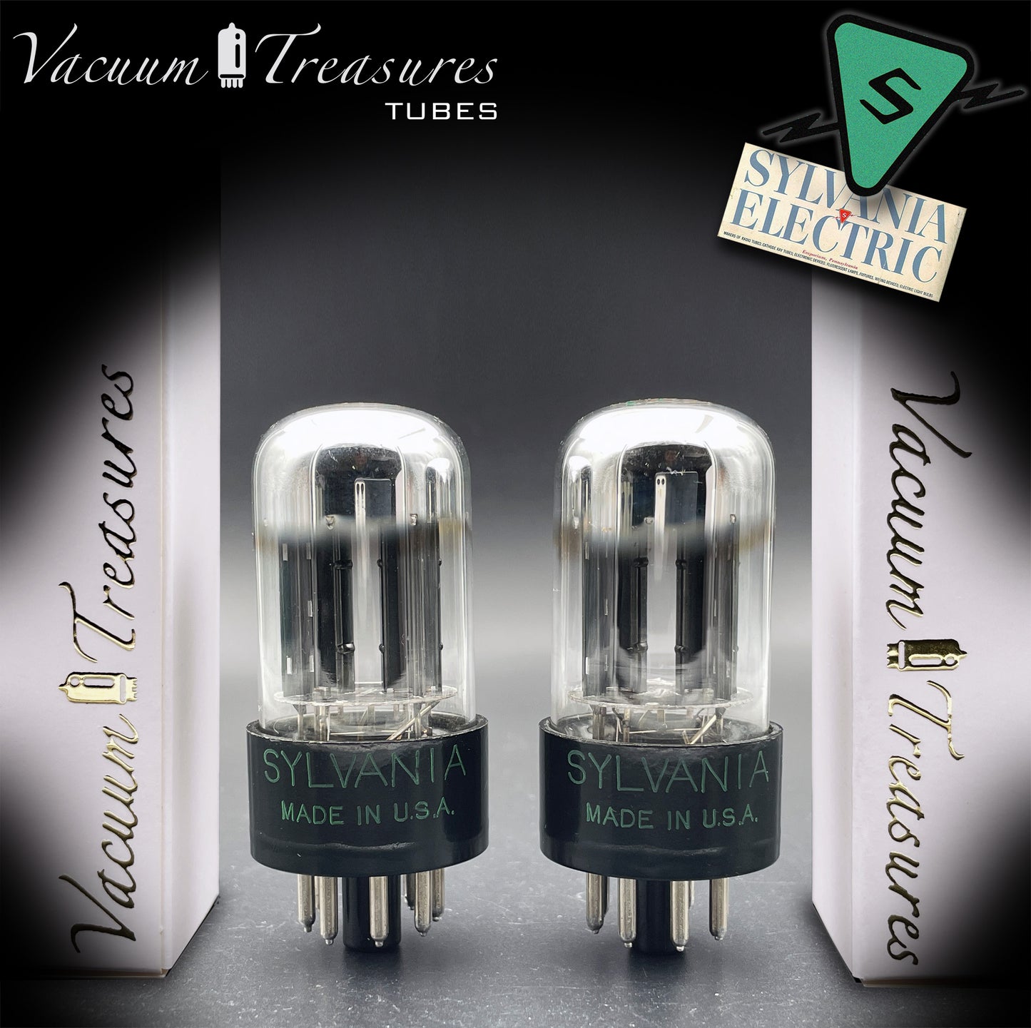 6SN7GTB NOS SYLVANIA CHROME TOP Green Dot Matched Pair Black Plates Tubes USA '50s