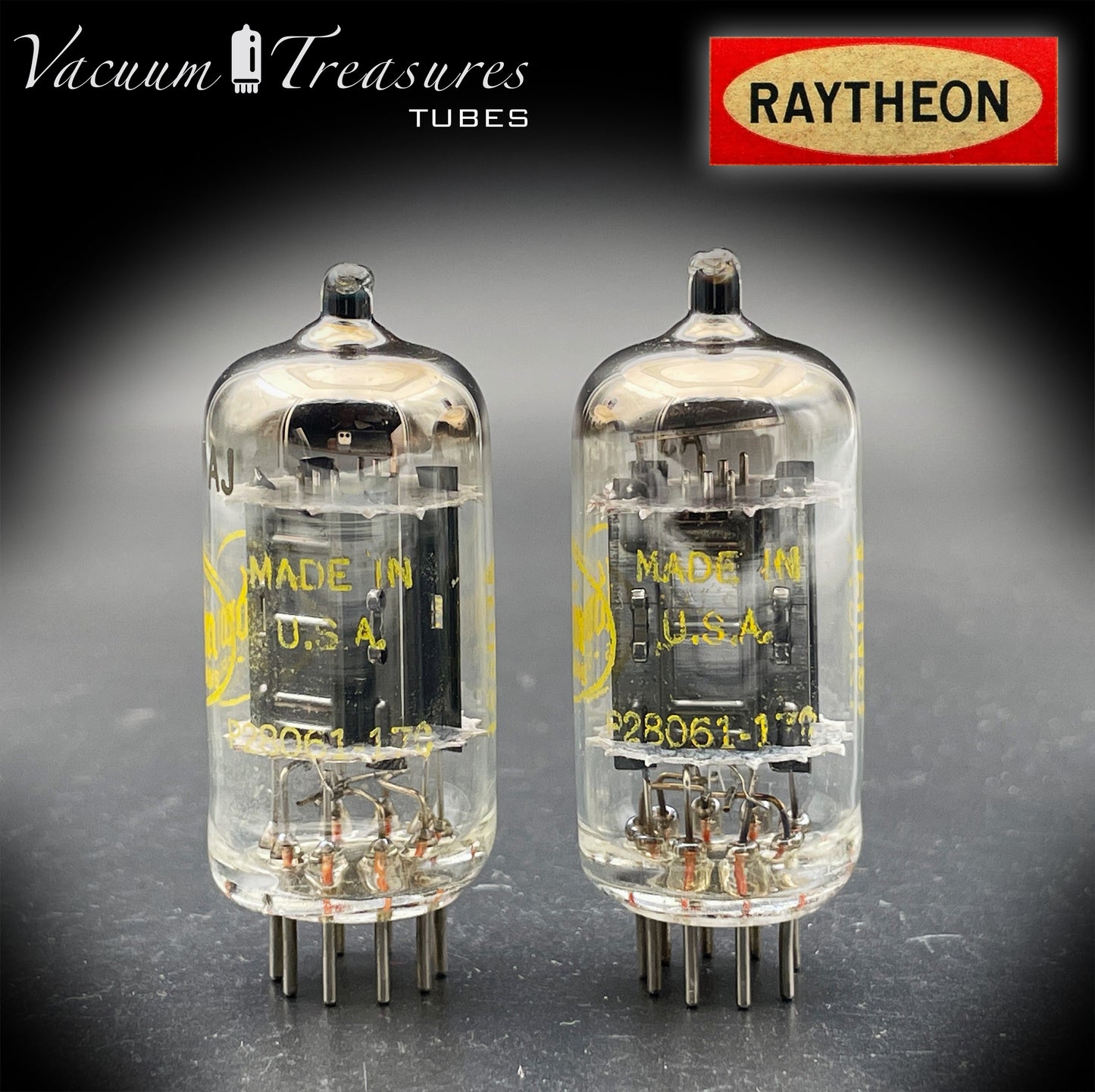 12AU7A / ECC82 NOS Baldwin by RAYTHEON Matched Pair Tubes Long Black Plates Halo Getter Made in USA '61