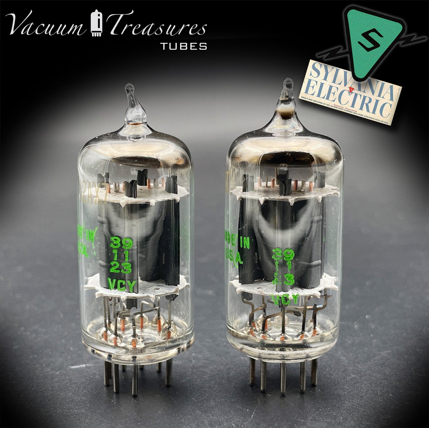 12AX7 ECC83 Baldwin by SYLVANIA – Matched Pair – Long Gray Plates Halo Getter USA 1959