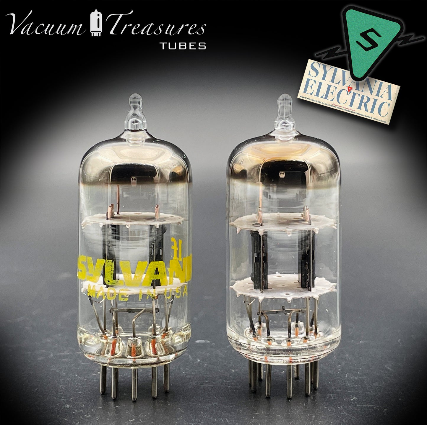 12AT7 / ECC81 SYLVANIA NOS – Black Square Plates Halo Getter – Export Quality Made in USA