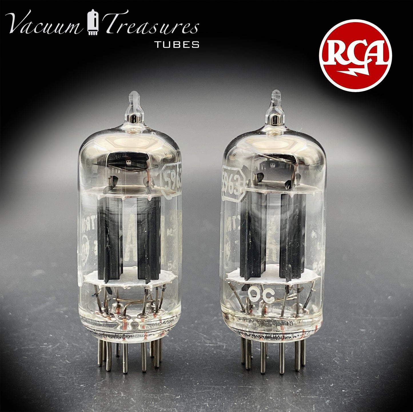 5963 ( 12AU7 ) RCA Matched Pair Long Black Plates Foil Getter AMPLITREX Tested