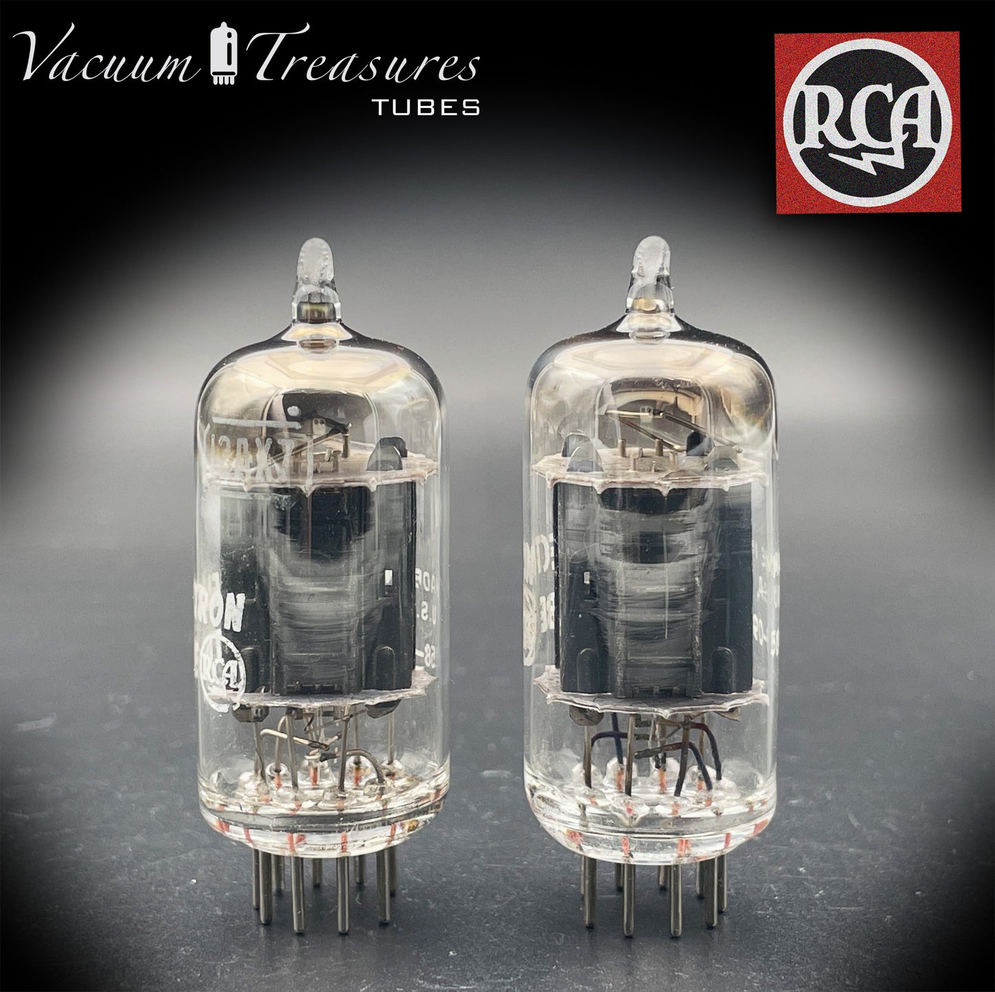12AX7 / ECC83 RCA Matched Pair Long Black Plates Square Tilt getter Made in USA '58
