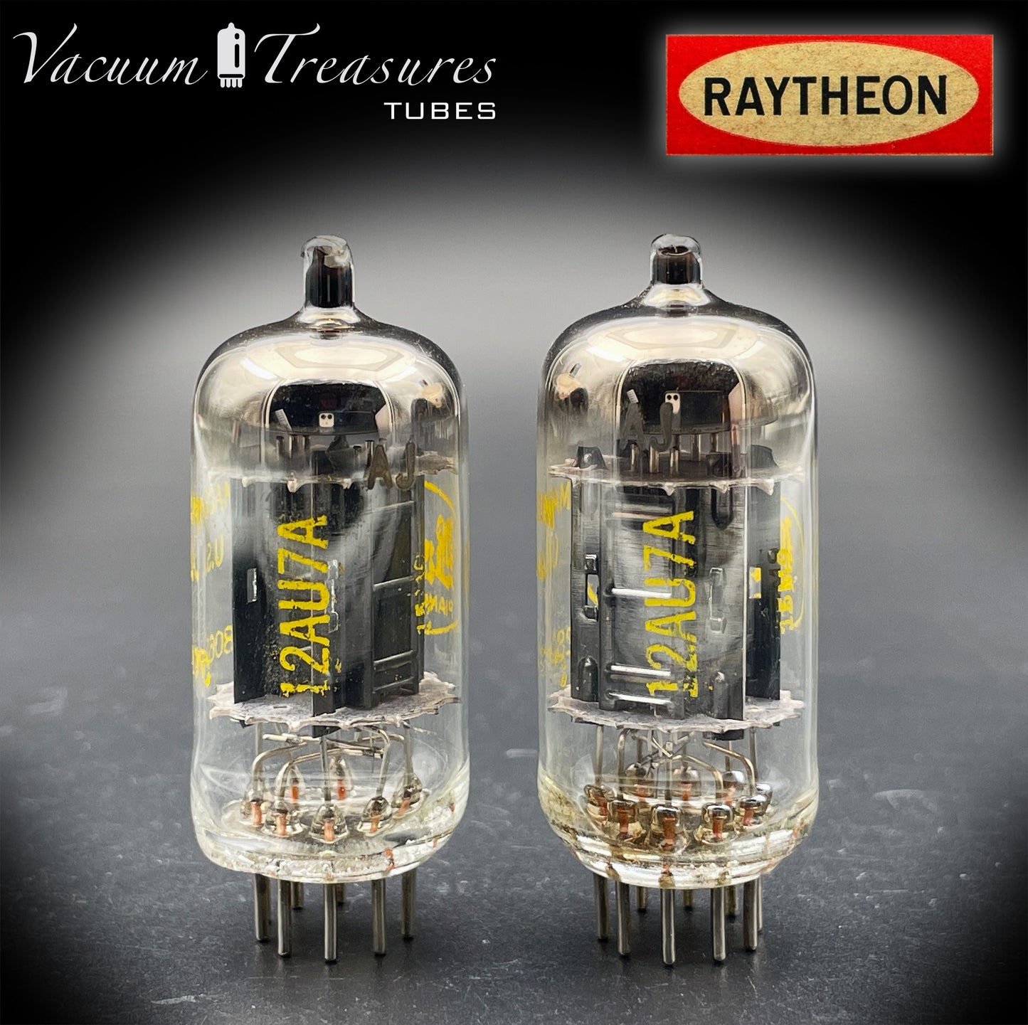 12AU7A / ECC82 NOS Baldwin by RAYTHEON Matched Pair Tubes Long Black Plates Halo Getter Made in USA '61