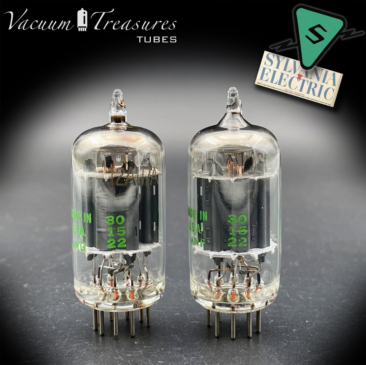 12AU7A / ECC82 NOS Baldwin by SYLVANIA Long Gray Plates Halo Getter Matched Pair Tubes Made in USA '60s