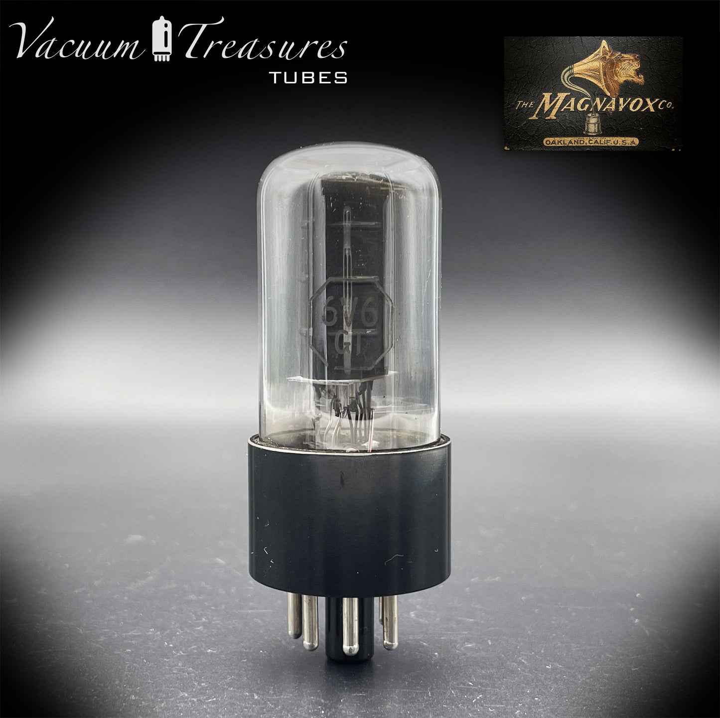 6V6GT Magnavox by RCA Smoked Glass AMPLITREX Tested Tube Black Plate DD Getter Made in USA '55