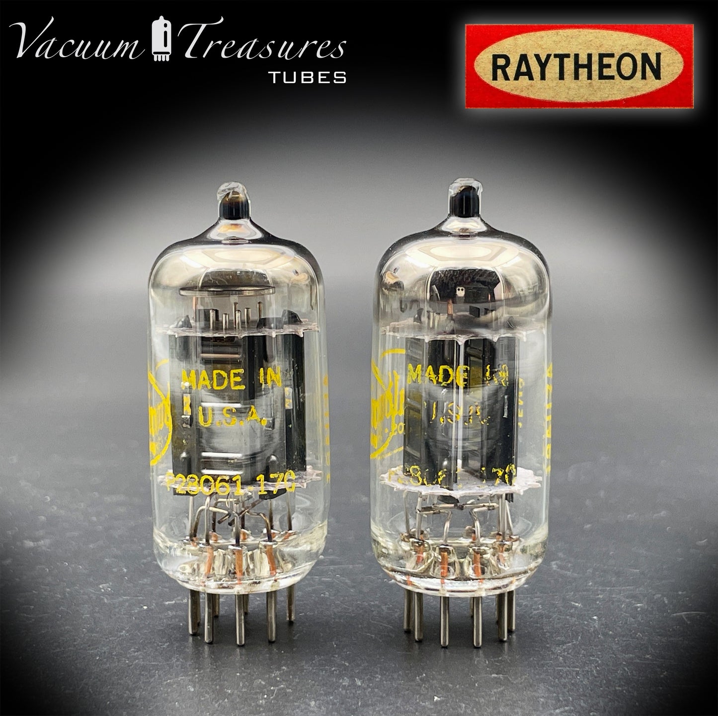 12AU7A / ECC82 NOS Baldwin by RAYTHEON Matched Pair Tubes Long Black Plates Halo Getter Made in USA '61