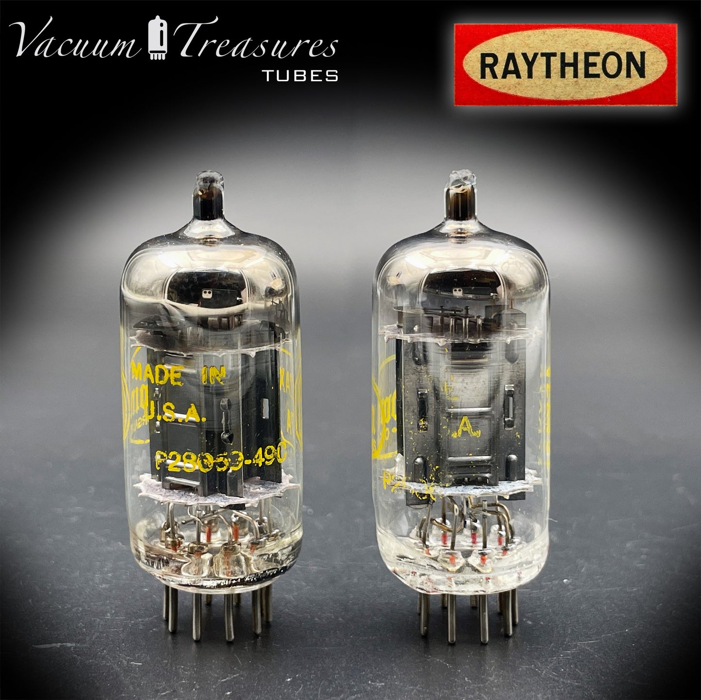 12AX7A ECC83 Baldwin RAYTHEON Matched Pair Tubes – Long Black Plates Halo Getter USA 1960s