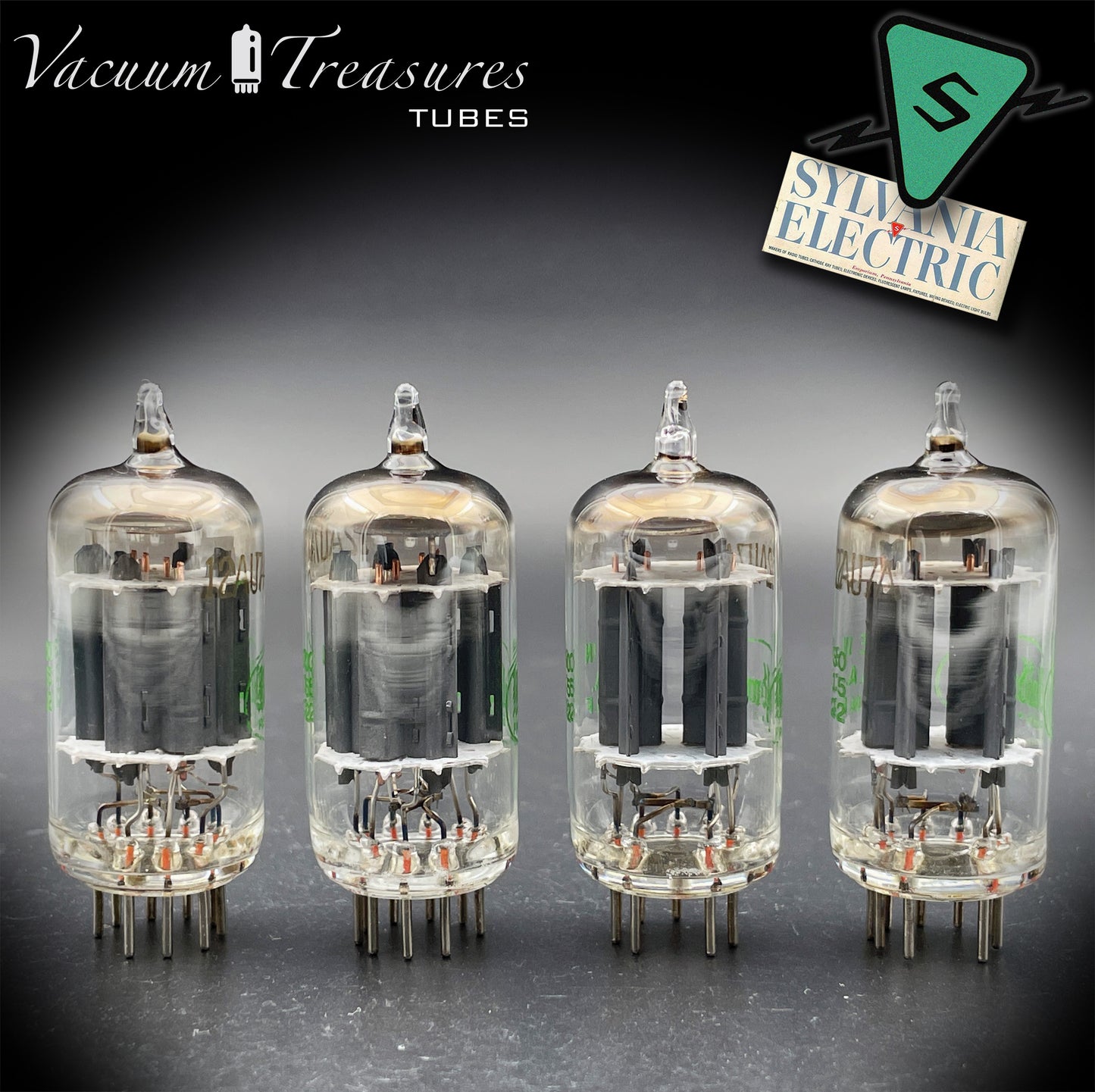 12AU7A / ECC82 NOS Baldwin by SYLVANIA Long Gray Plates Halo Getter Matched Quad Tubes Made in USA '60s