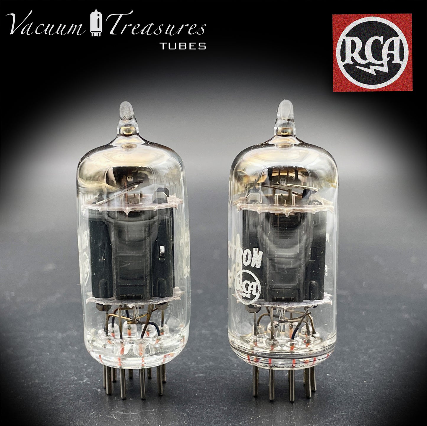 12AX7 / ECC83 RCA Matched Pair Long Black Plates Square Tilt getter Made in USA '58