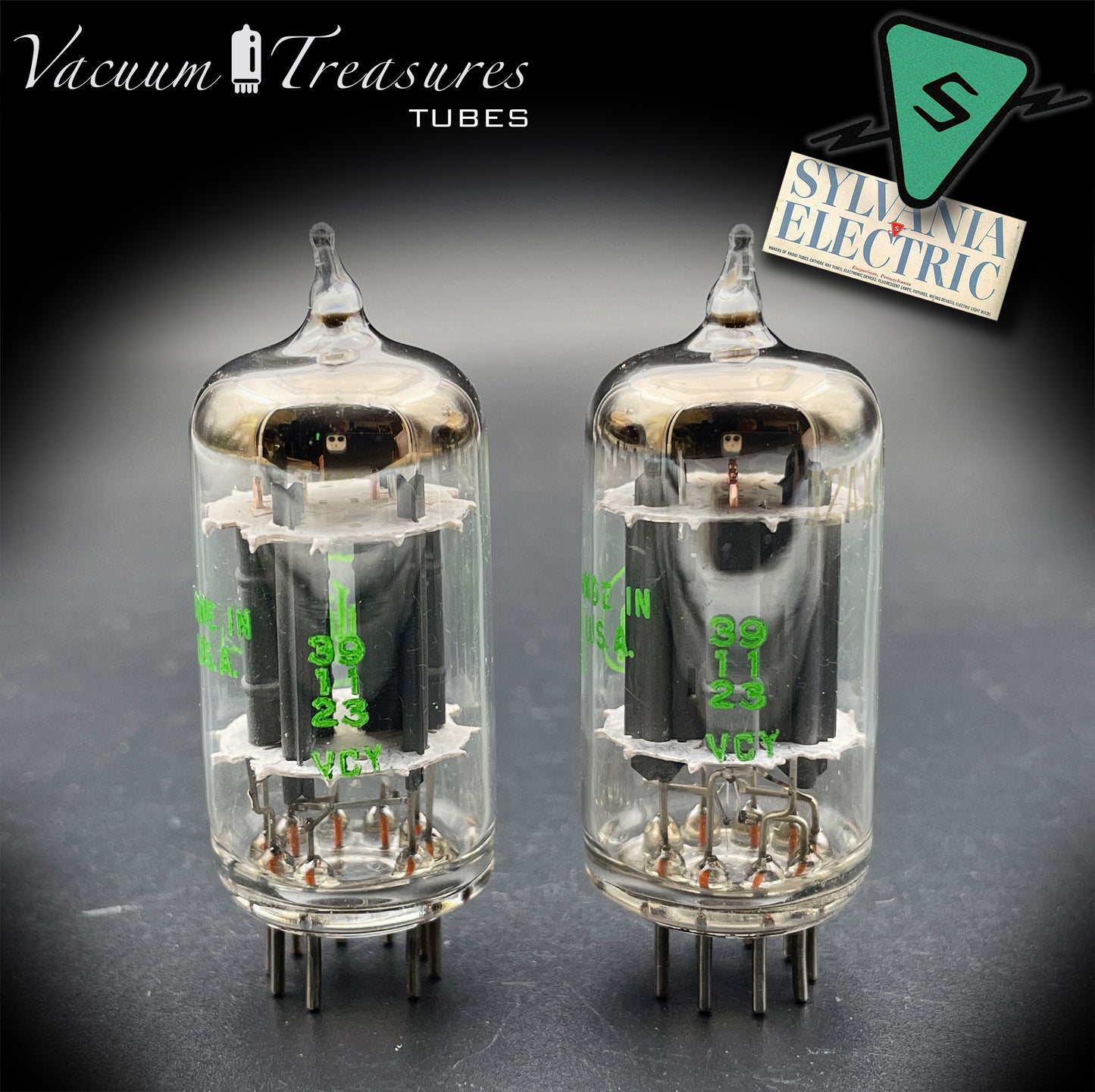 12AX7 ECC83 Baldwin by SYLVANIA – Matched Pair – Long Gray Plates Halo Getter USA 1959