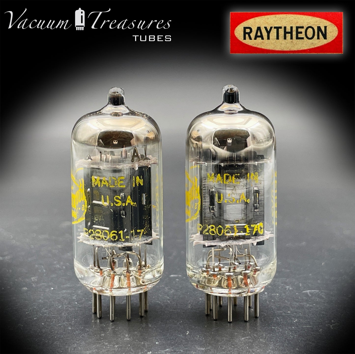 12AU7A / ECC82 NOS Baldwin by RAYTHEON Matched Pair Tubes Long Black Plates Halo Getter Made in USA '61