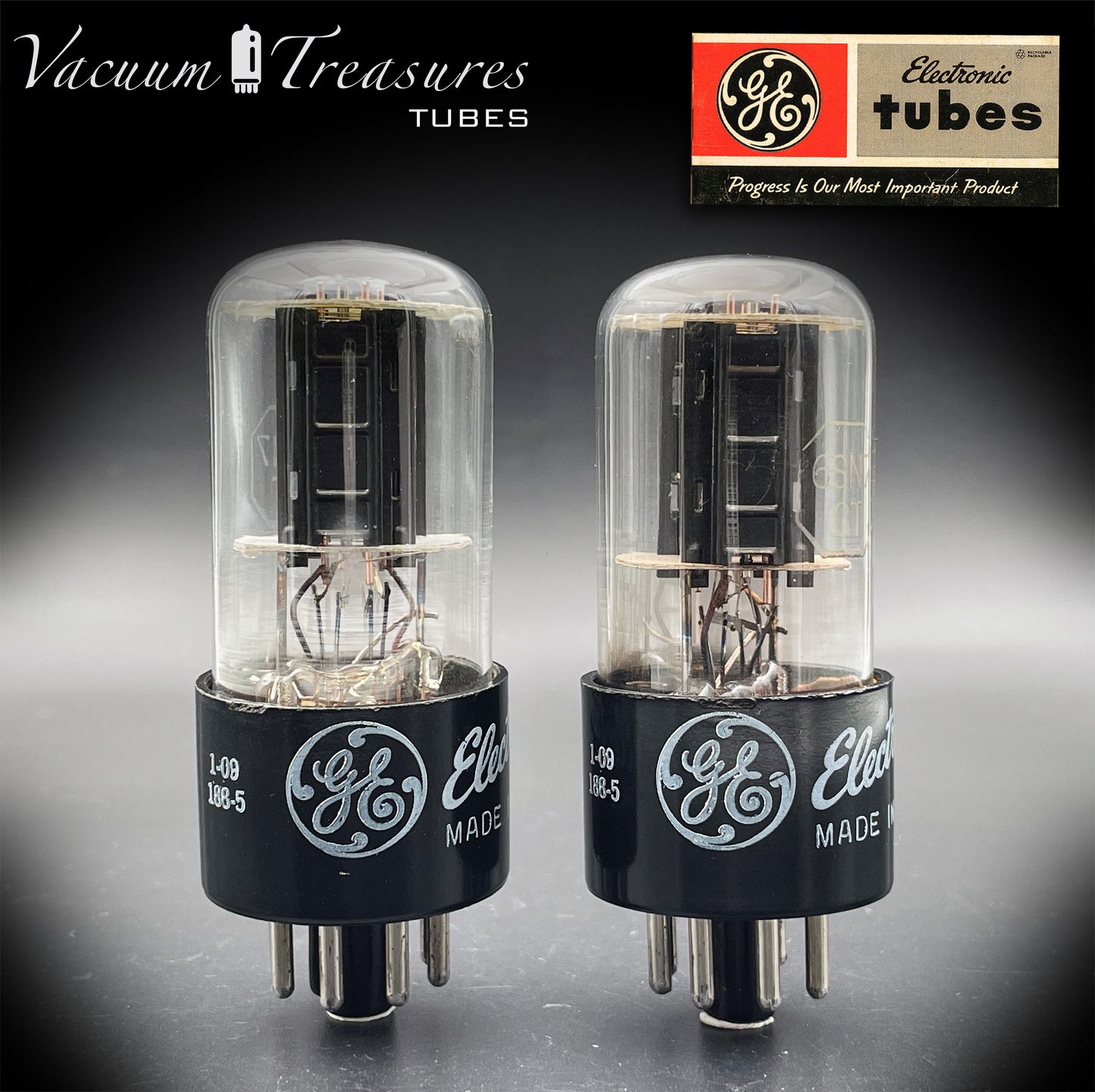 6SN7GT GE Black Plates Square Getter – Tested Pair – STRONG Issue – Made in USA '50s