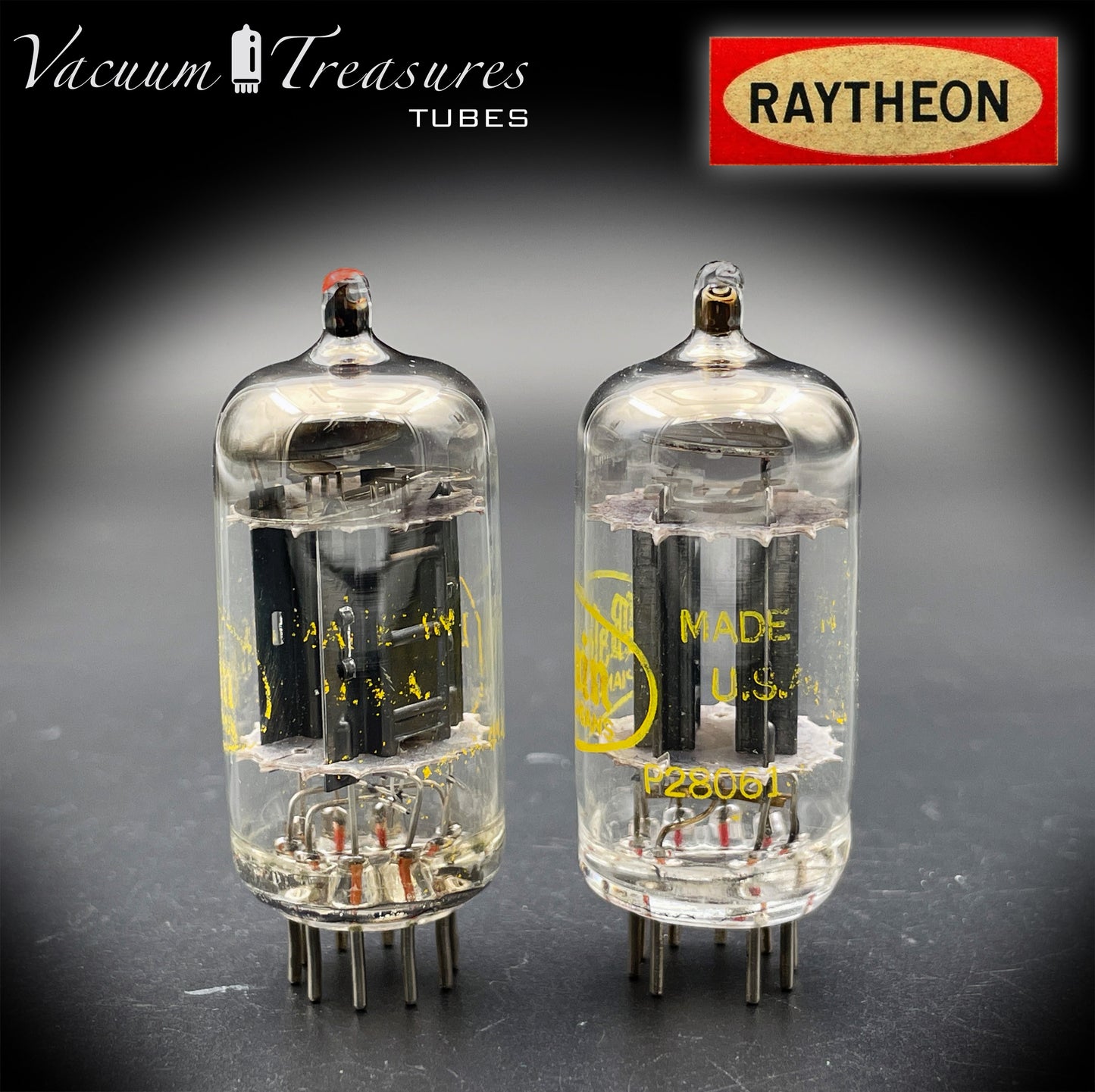 12AX7A ECC83 Baldwin Raytheon Matched Pair Tubes – Long Black Plates Halo Getter USA 1960s