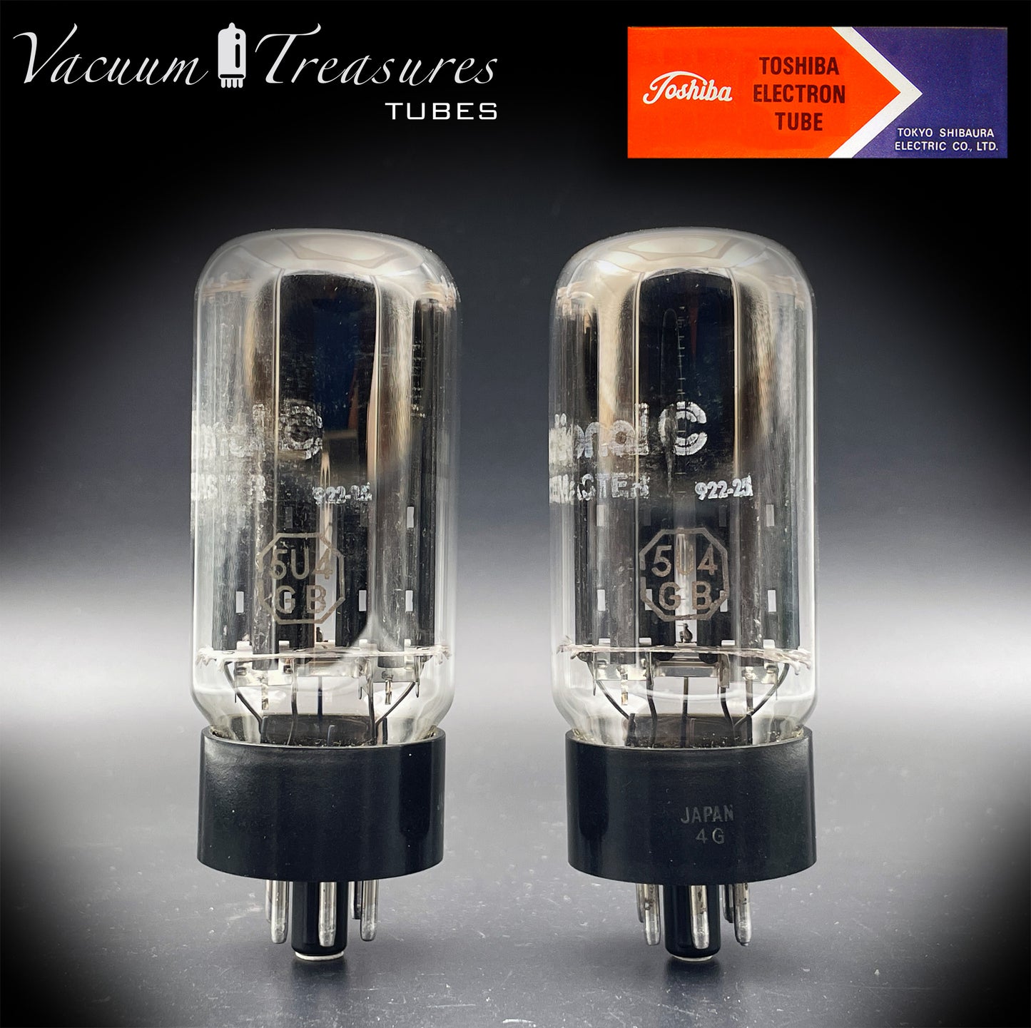 5U4GB 5AS4A NOS NIB TOSHIBA/International Black Plates Matched Pair Tubes Top Side Dual Disc Getter Rectifiers Made in JAPAN