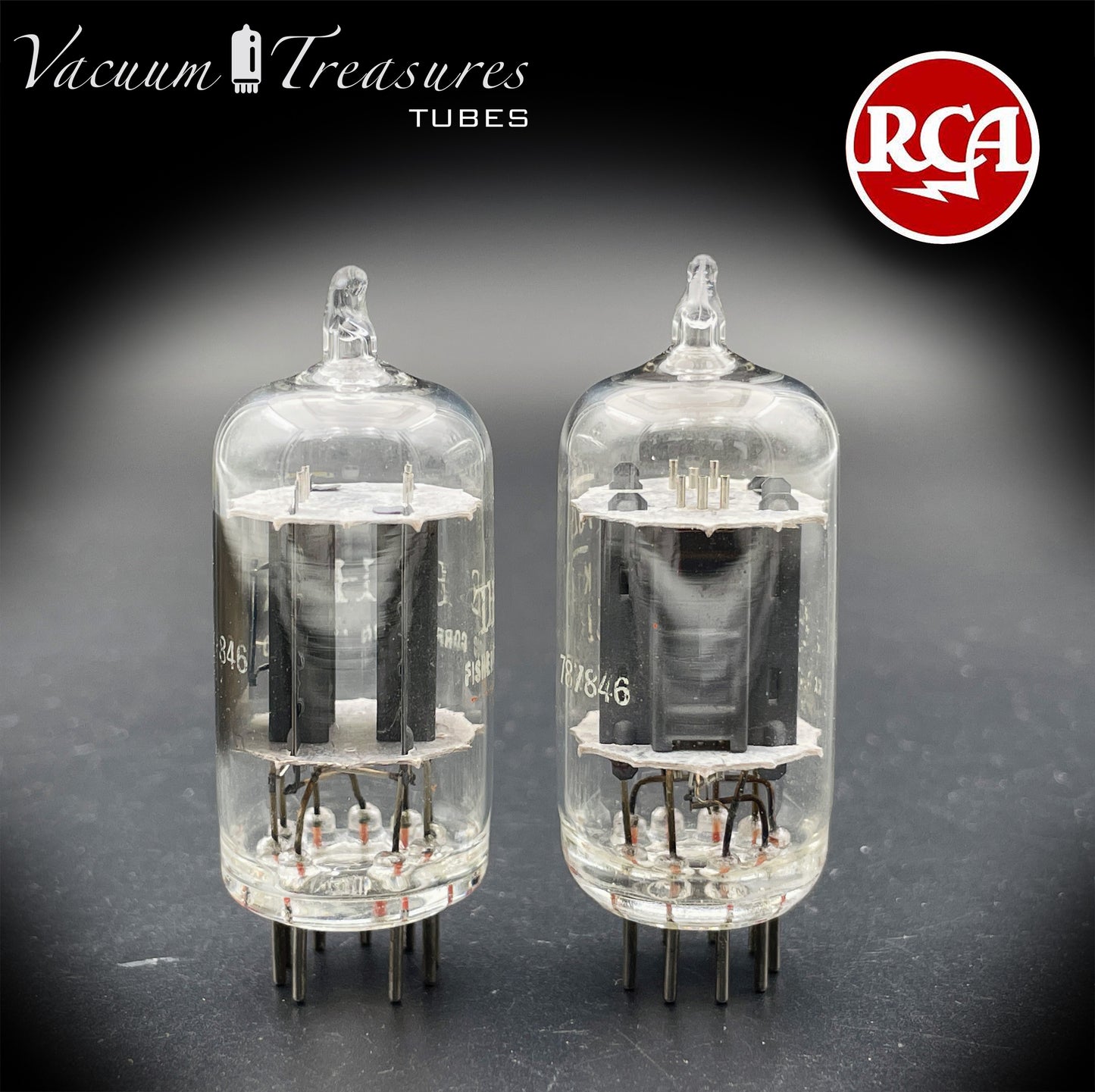 7025 12AX7 RCA Clear Top Matched Pair Long Gray Plates Side D Getter Tubes Made in USA '60s