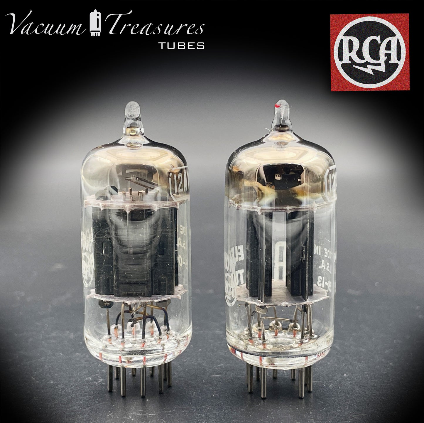 12AX7 / ECC83 RCA Matched Pair Long Black Plates Square Tilt getter Made in USA '58