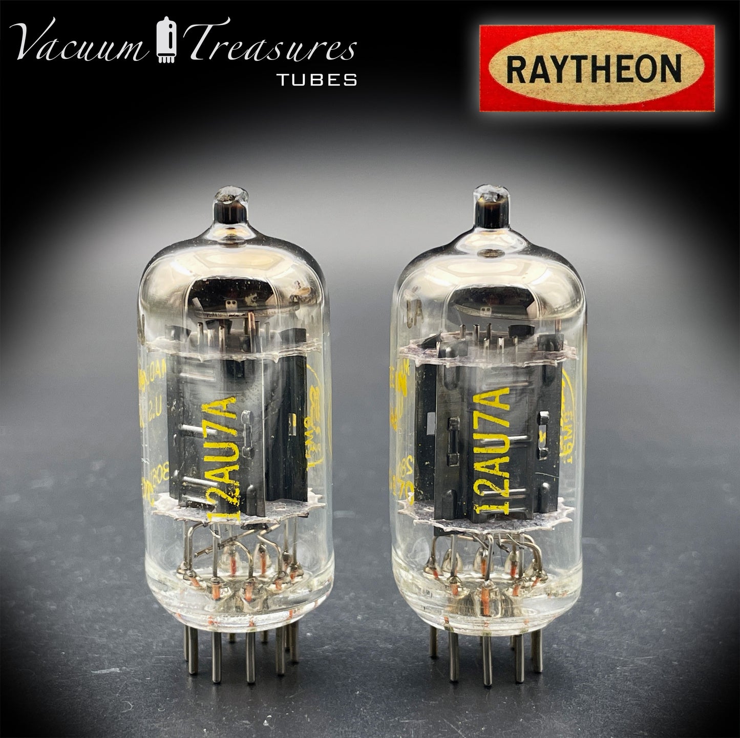 12AU7A / ECC82 NOS Baldwin by RAYTHEON Matched Pair Tubes Long Black Plates Halo Getter Made in USA '61