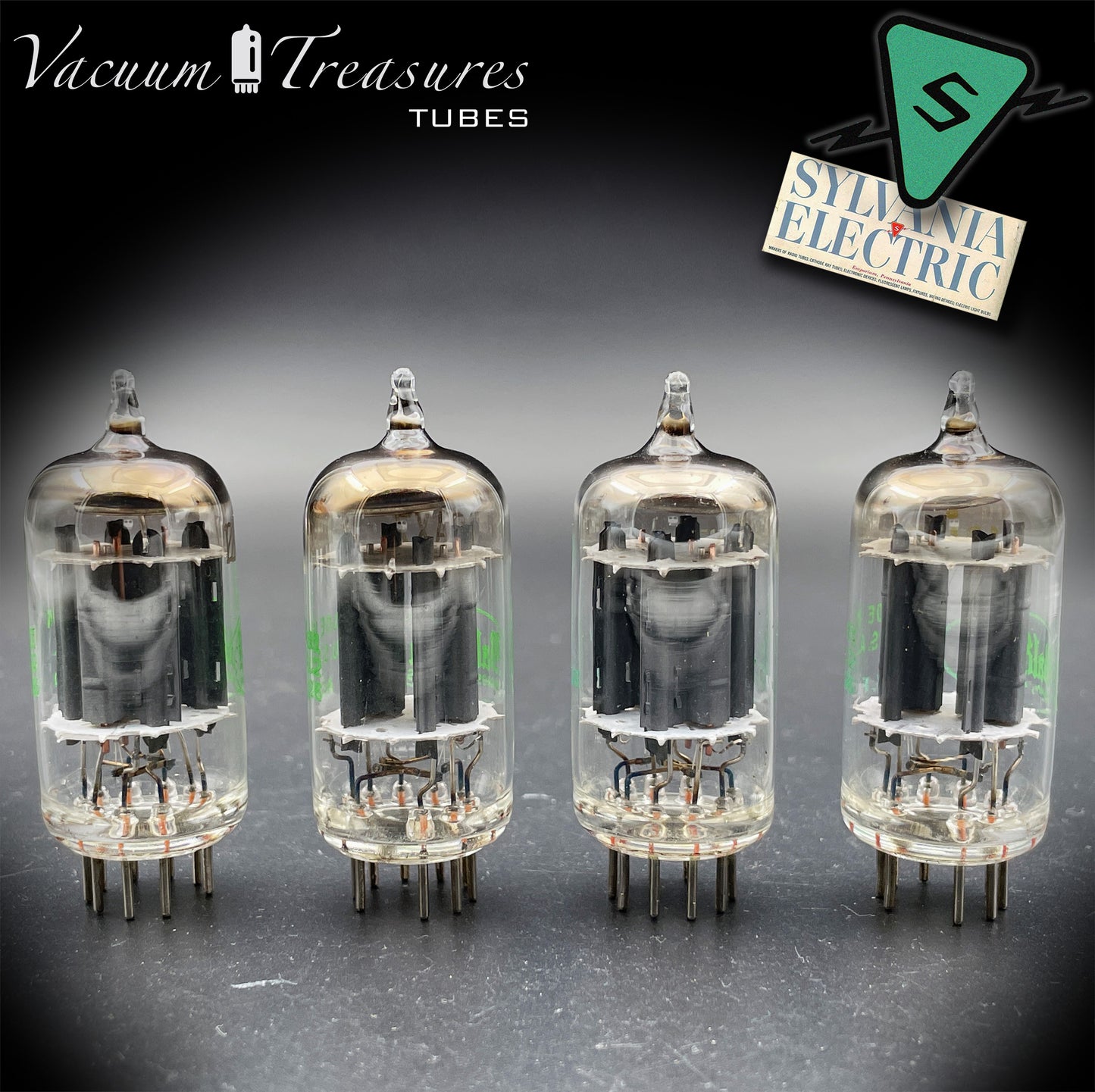 12AX7 ECC83 NOS Baldwin by Sylvania – Low Noise Matched Quad – Long Gray Plates Halo Getter USA 1951