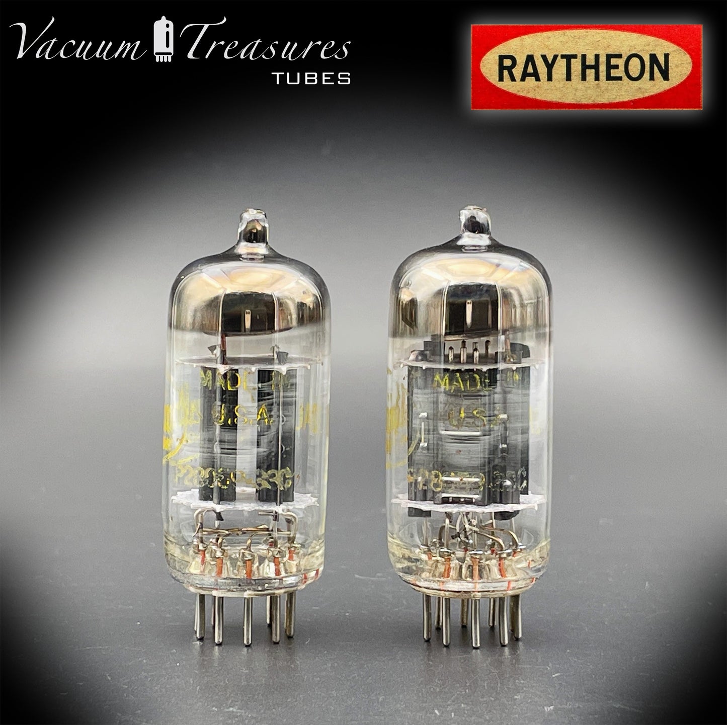 12AU7 ( ECC82 ) NOS RAYTHEON for Baldwin Long Black Plates Halo Getter Matched Tubes Made in USA '59