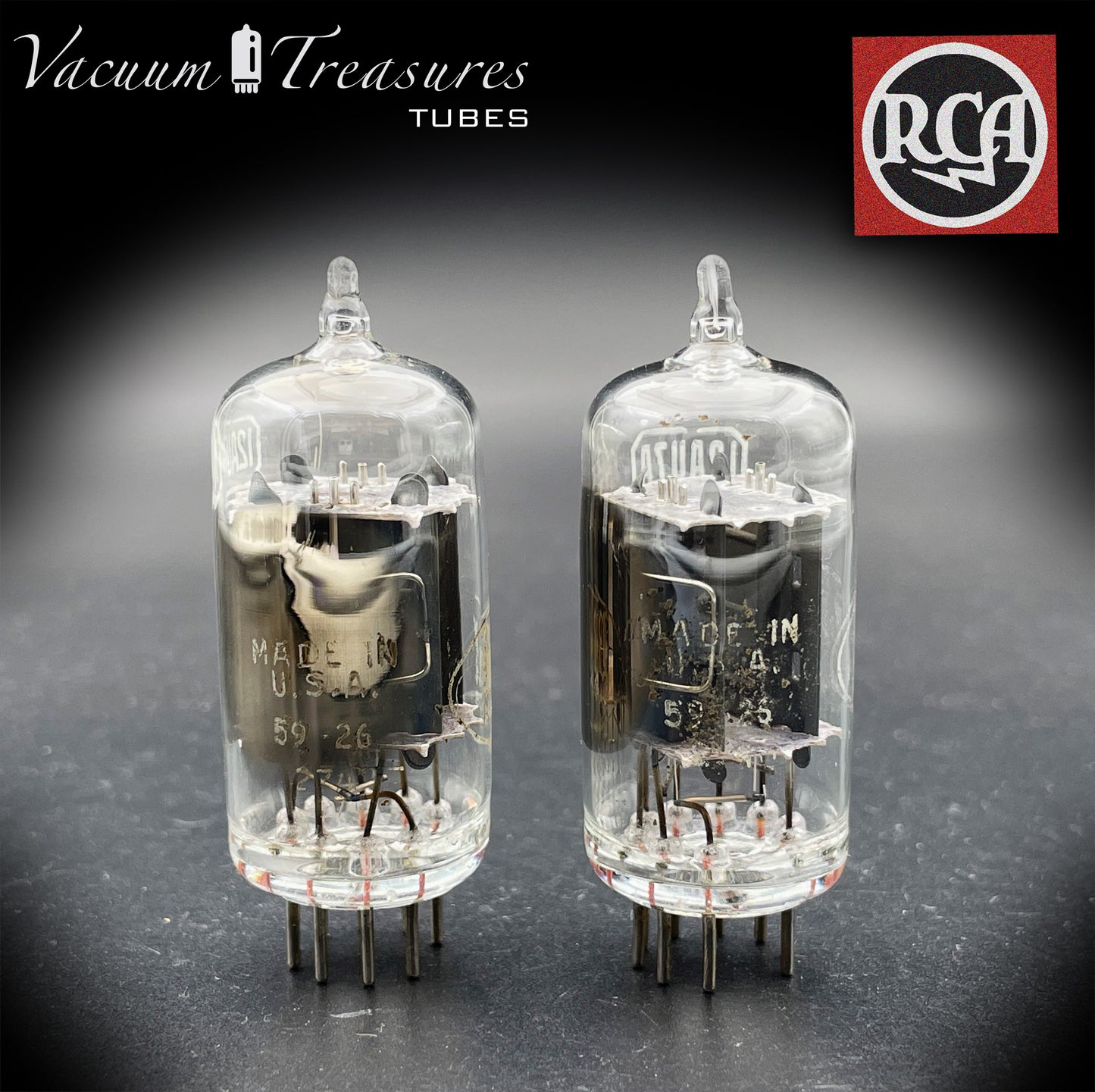12AU7 / ECC82 Baldwin by RCA AMPLITREX Matched Pair Clear Top Long Gray Plates Side D Getter Tubes