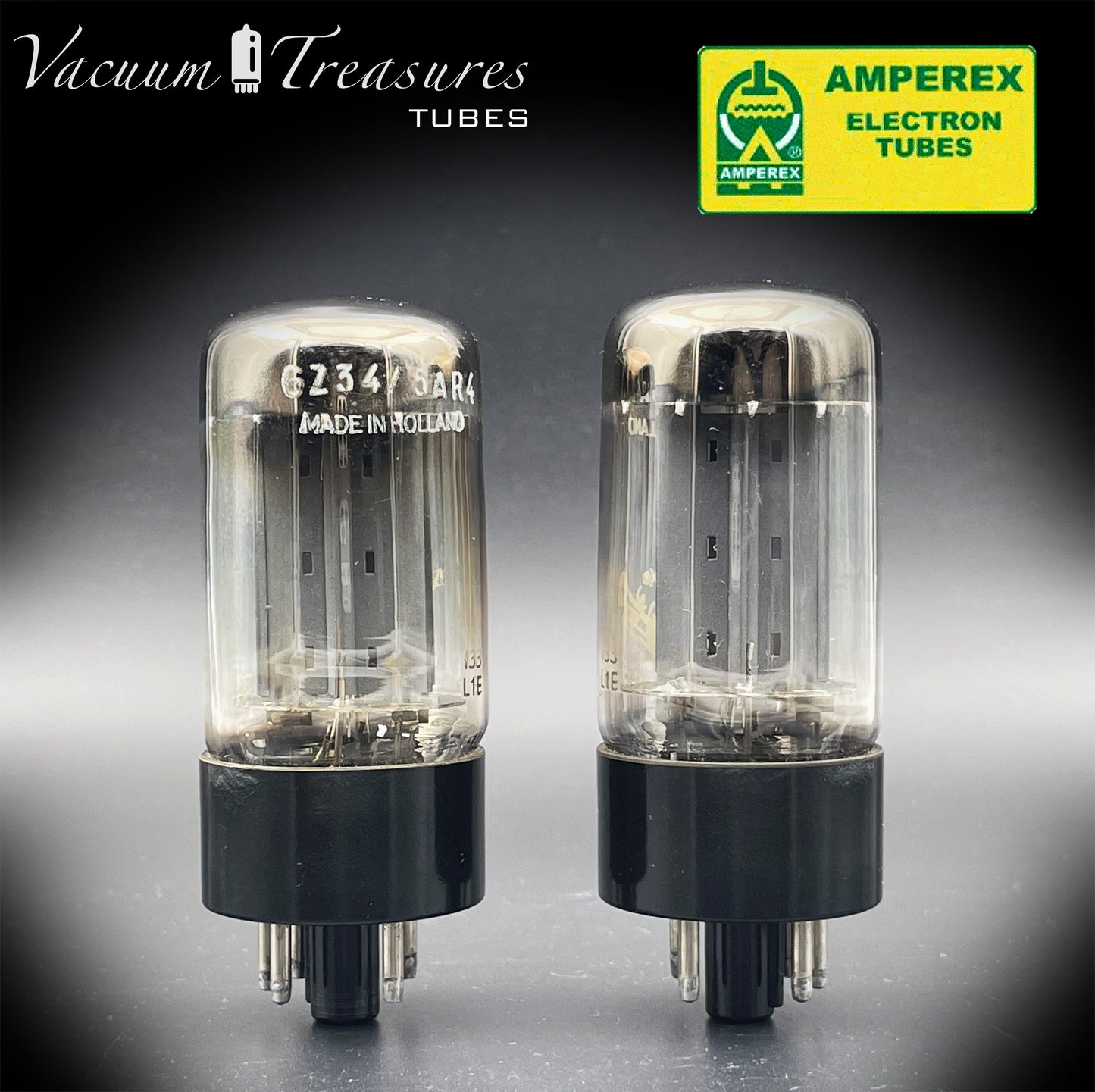 5AR4 ( GZ34 ) NOS AMPEREX Bugle Boy, Holland f33, smooth, Same codes, Matched Pair Tubes Rectifiers Made in HOLLAND