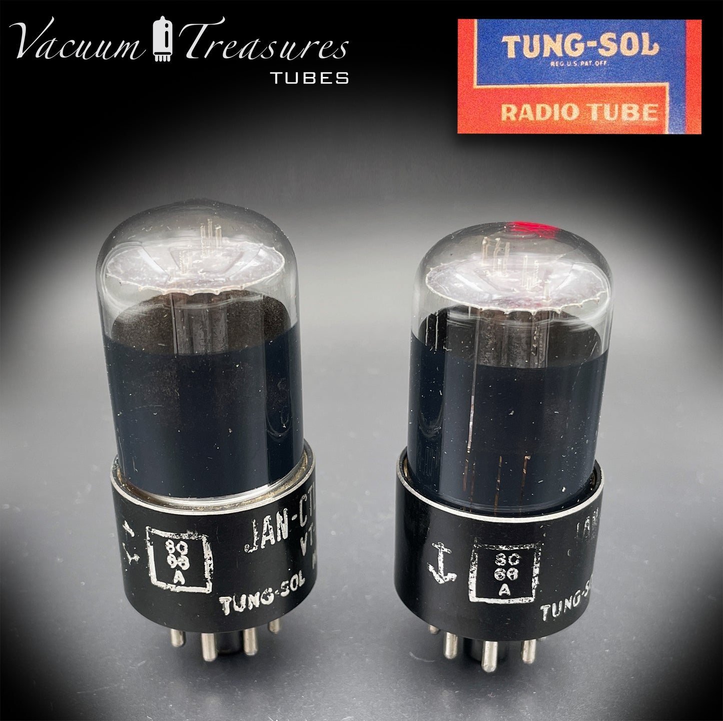 6SL7 GT ( VT-229 ) TUNG-SOL JAN CTL Black Glass Black Round Plates Matched Tubes Made in USA '50s