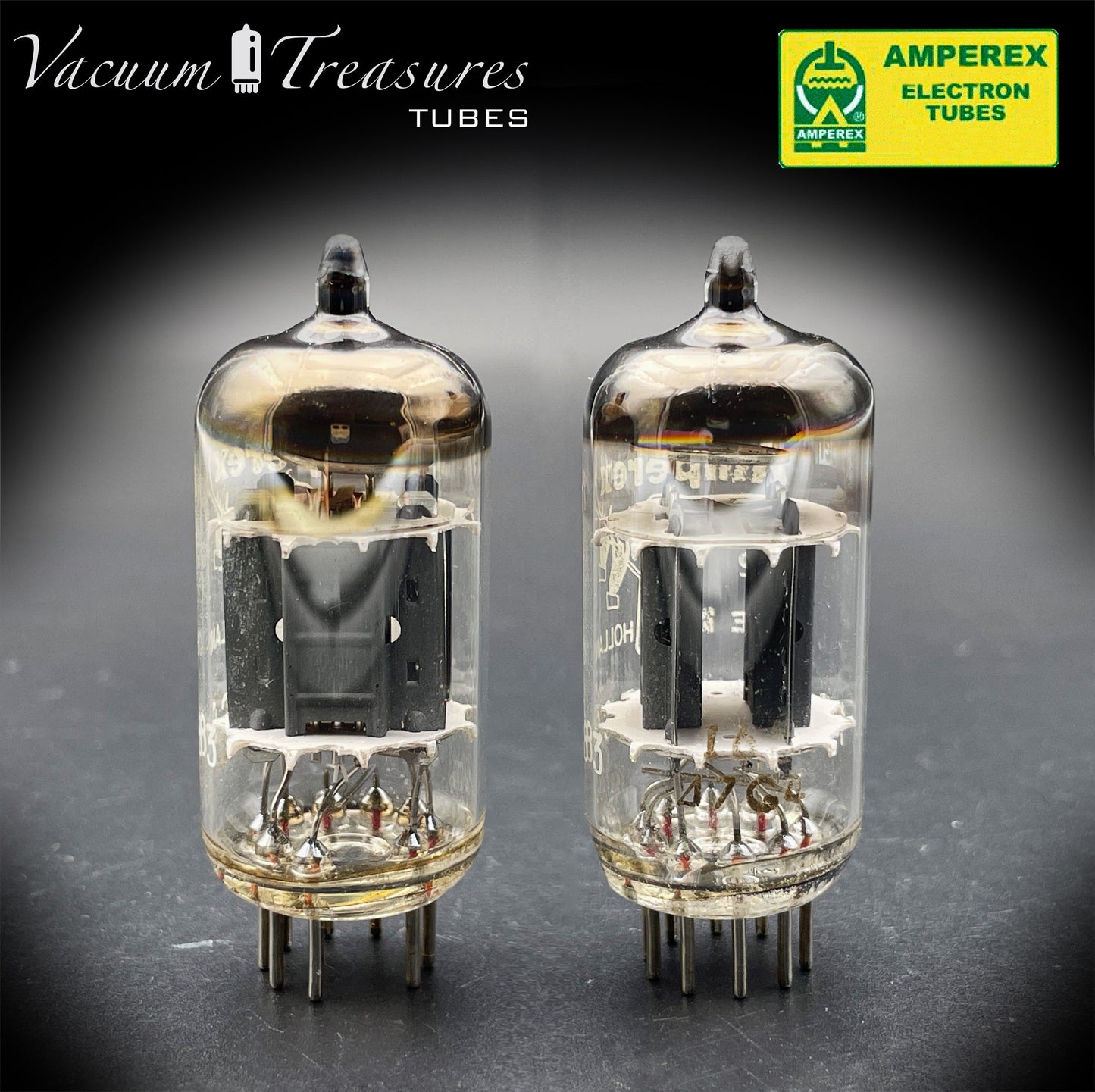 12AX7 / ECC83 NOS AMPEREX Bugle Boy Matched Pair Short plates Same Date Codes Tubes MADE IN HOLLAND '67