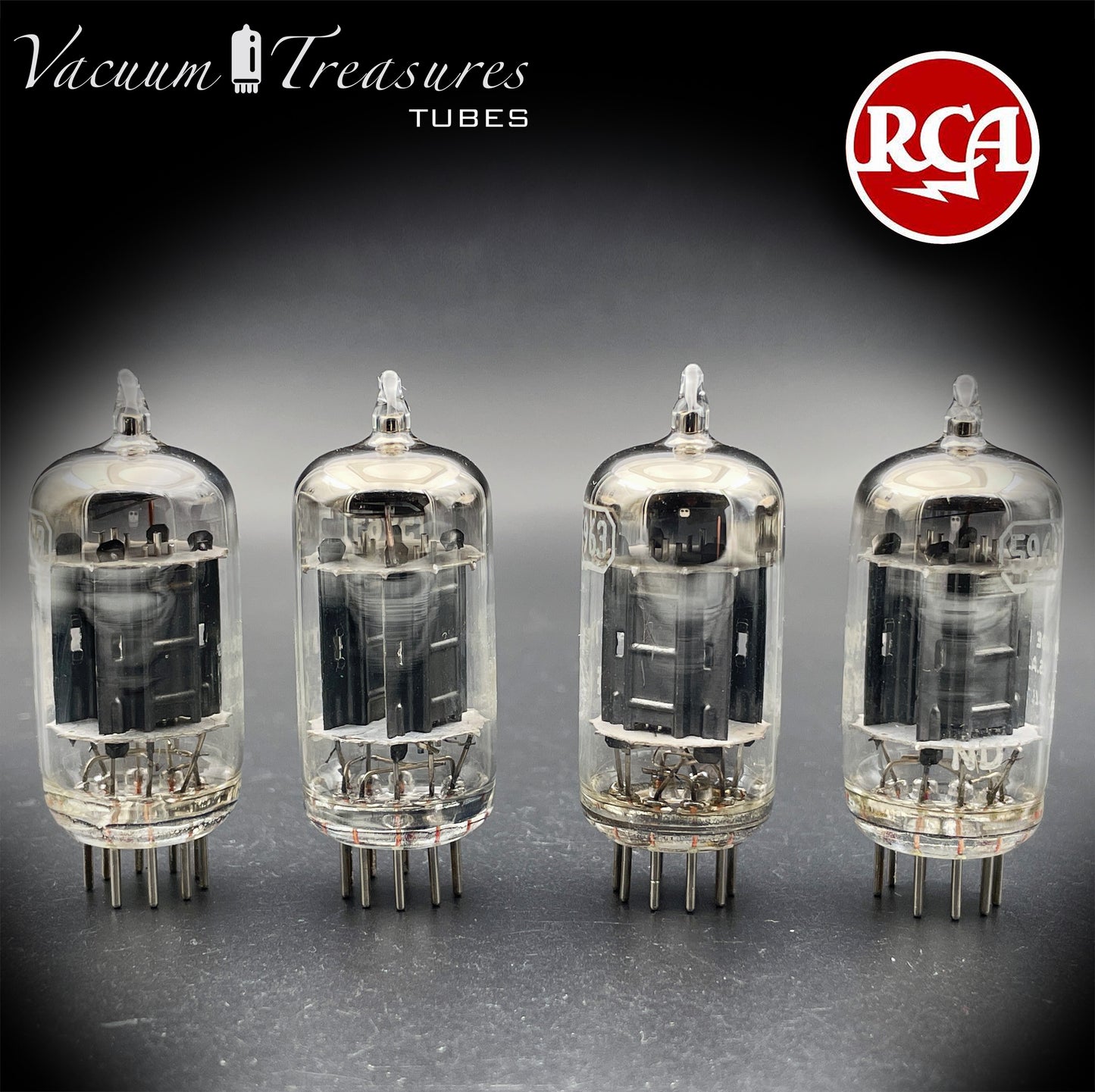 5963 ( 12AU7 ) RCA Matched Quad Long Black Plates Foil Getter AMPLITREX Tested