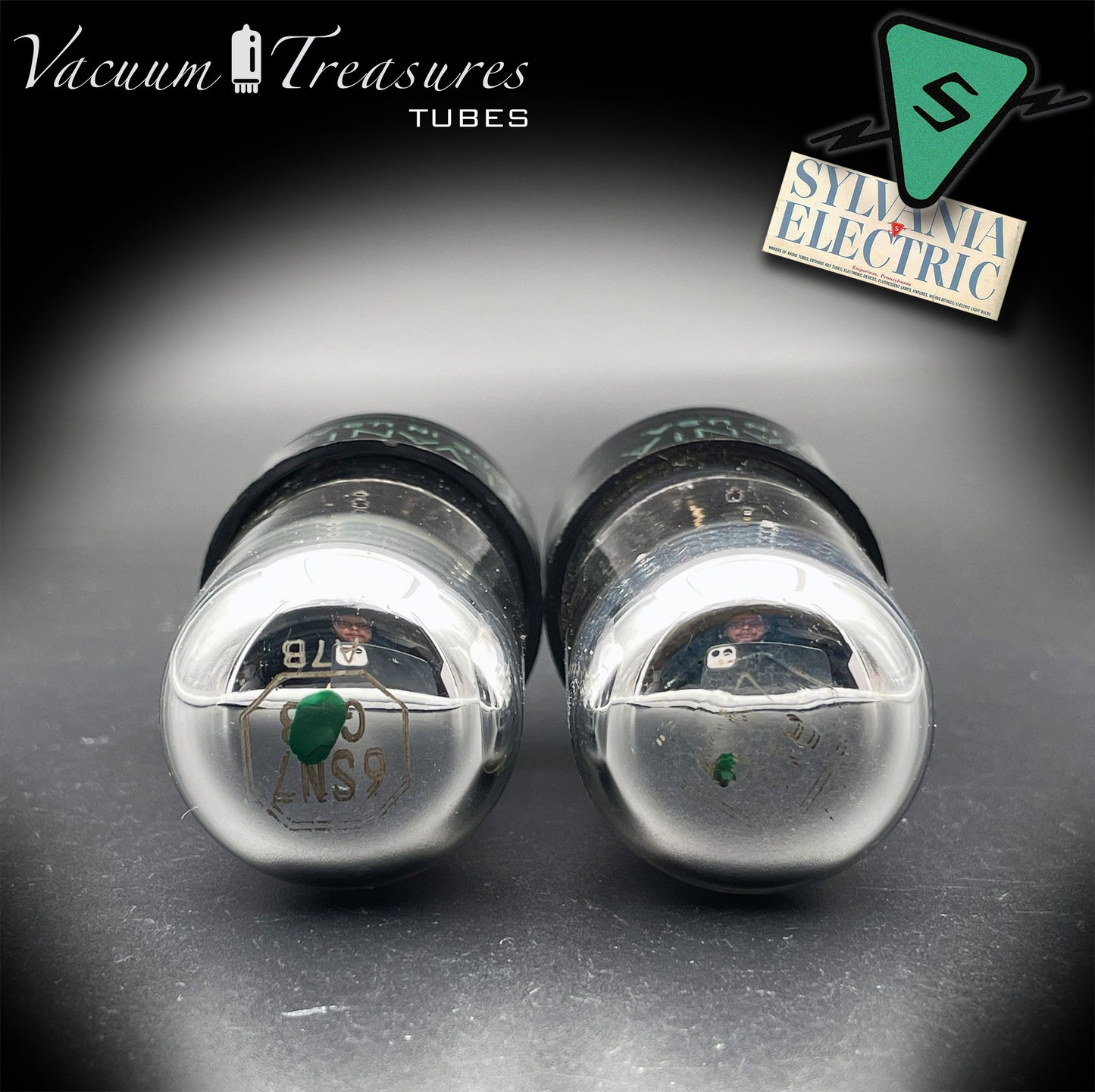 6SN7GTB NOS SYLVANIA CHROME TOP Green Dot Matched Pair Black Plates Tubes USA '50s