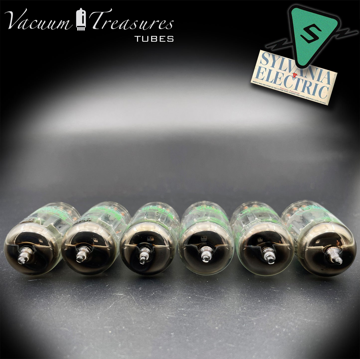 12AU7A ECC82 NOS Sylvania – Long Gray Plates Halo Getter Matched Sextet Tubes USA 1951