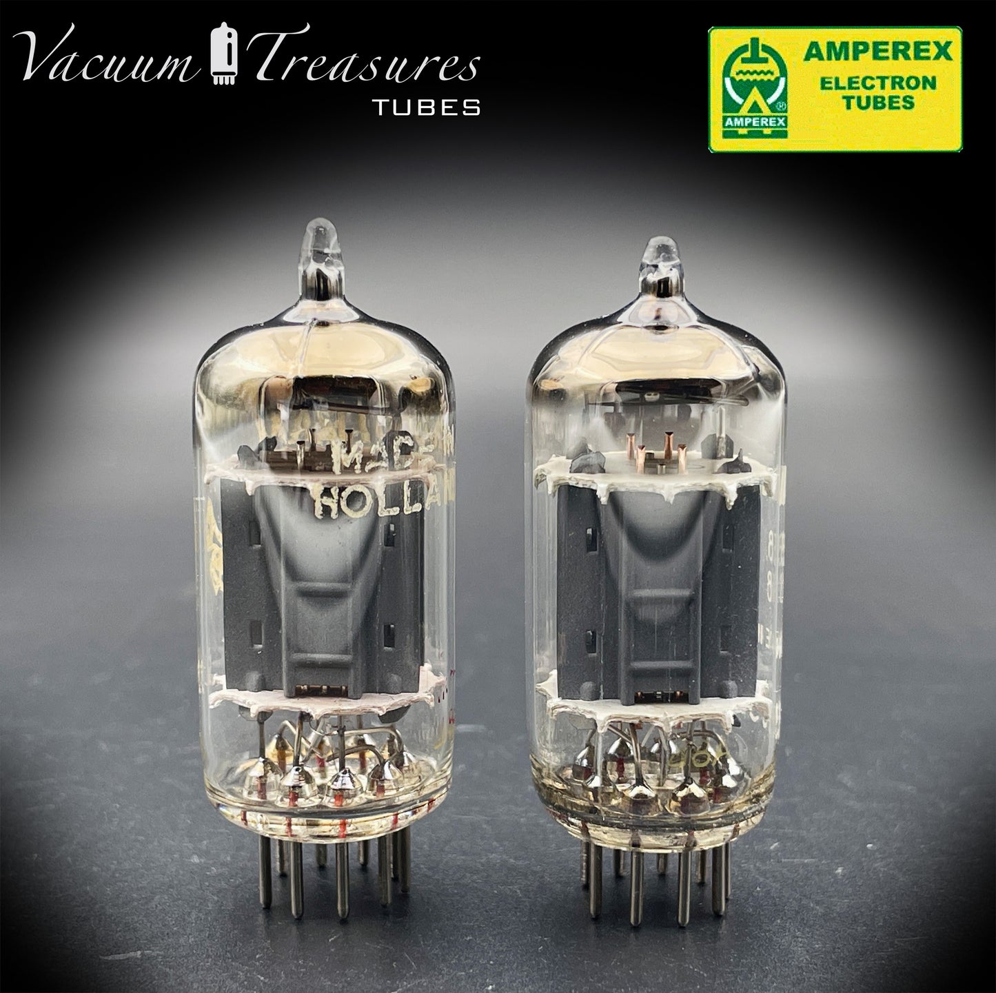 12AX7 / ECC83 NOS Amperex Bugle Boy Matched Pair AMPLITREX Tested Long Plates Foil Getter '50s