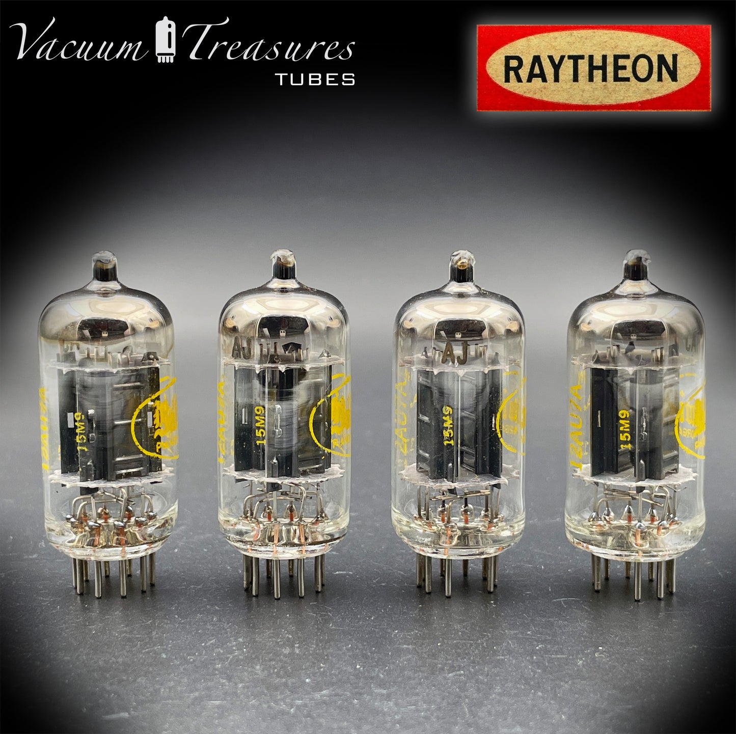12AU7A / ECC82 NOS Baldwin by RAYTHEON Matched Quad Tubes Long Black Plates Halo Getter Made in USA '61