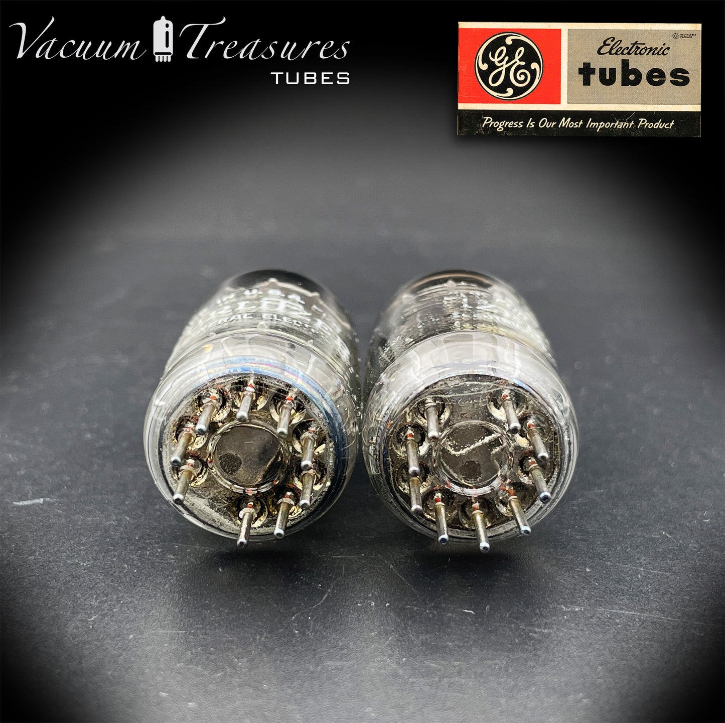 12AX7 / ECC83 Wurlitzer by GE Matched Pair Long Gray Plates Halo Getter Made in USA '63