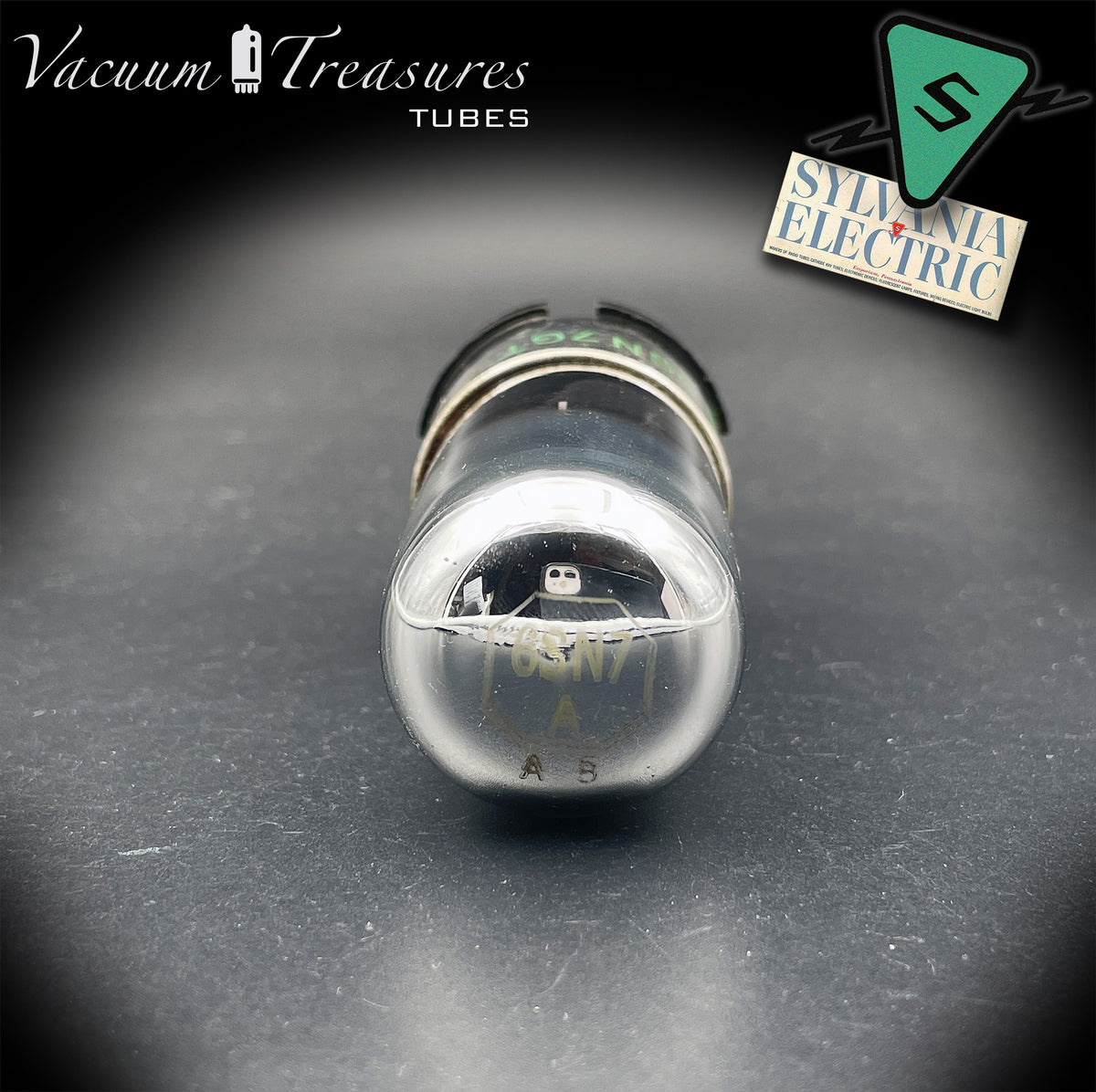 6SN7GT SYLVANIA Metal Base Tall Bottle Black T‑Plates Chrome Top - Made in USA '47