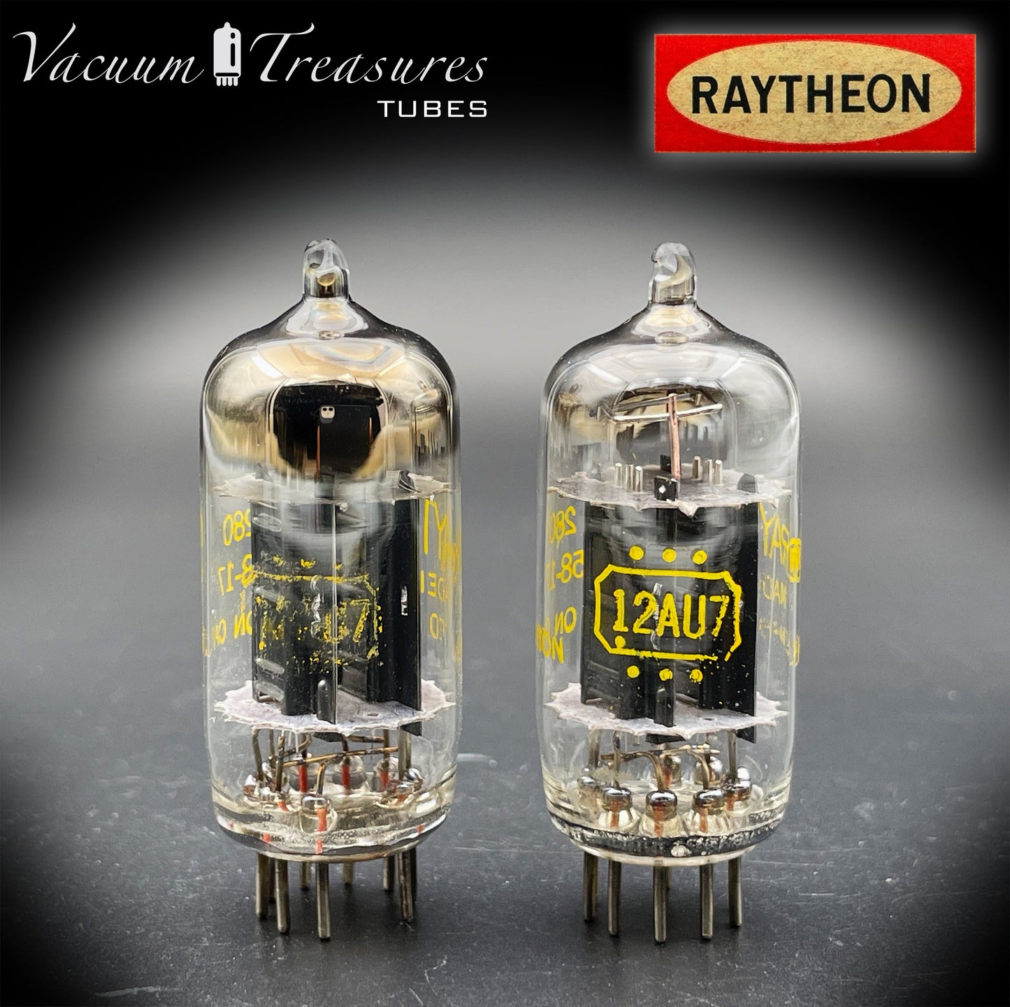 12AU7 ECC82 RAYTHEON Matched Pair Long Black Plates Square Getter Tubes USA '58