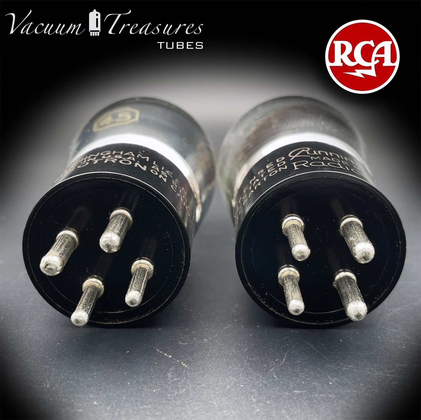 45 ST RCA Cunningham Matched Pair Black Plates Foil Dimpled Getter Radiotron Tubes Made in USA 1930's