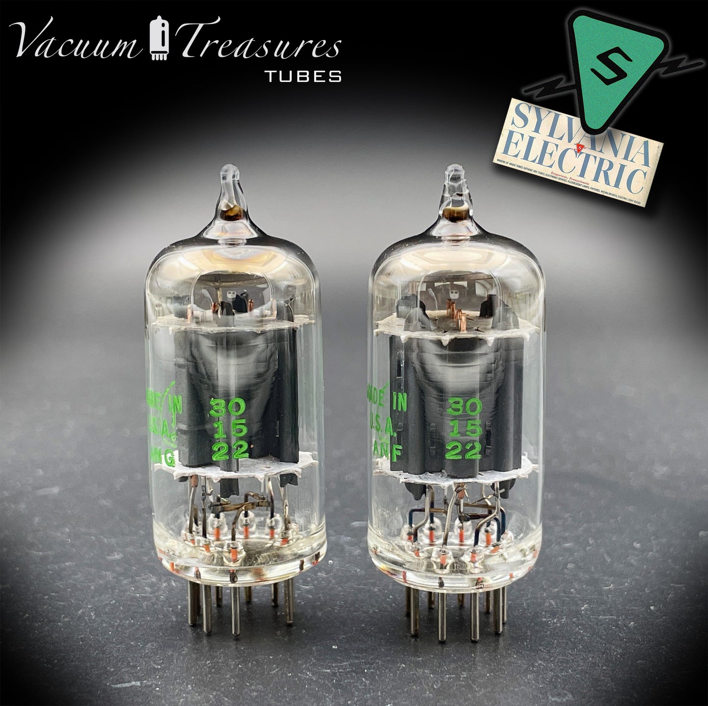 12AU7A / ECC82 NOS Baldwin by SYLVANIA Long Gray Plates Halo Getter Matched Pair Tubes Made in USA '60s