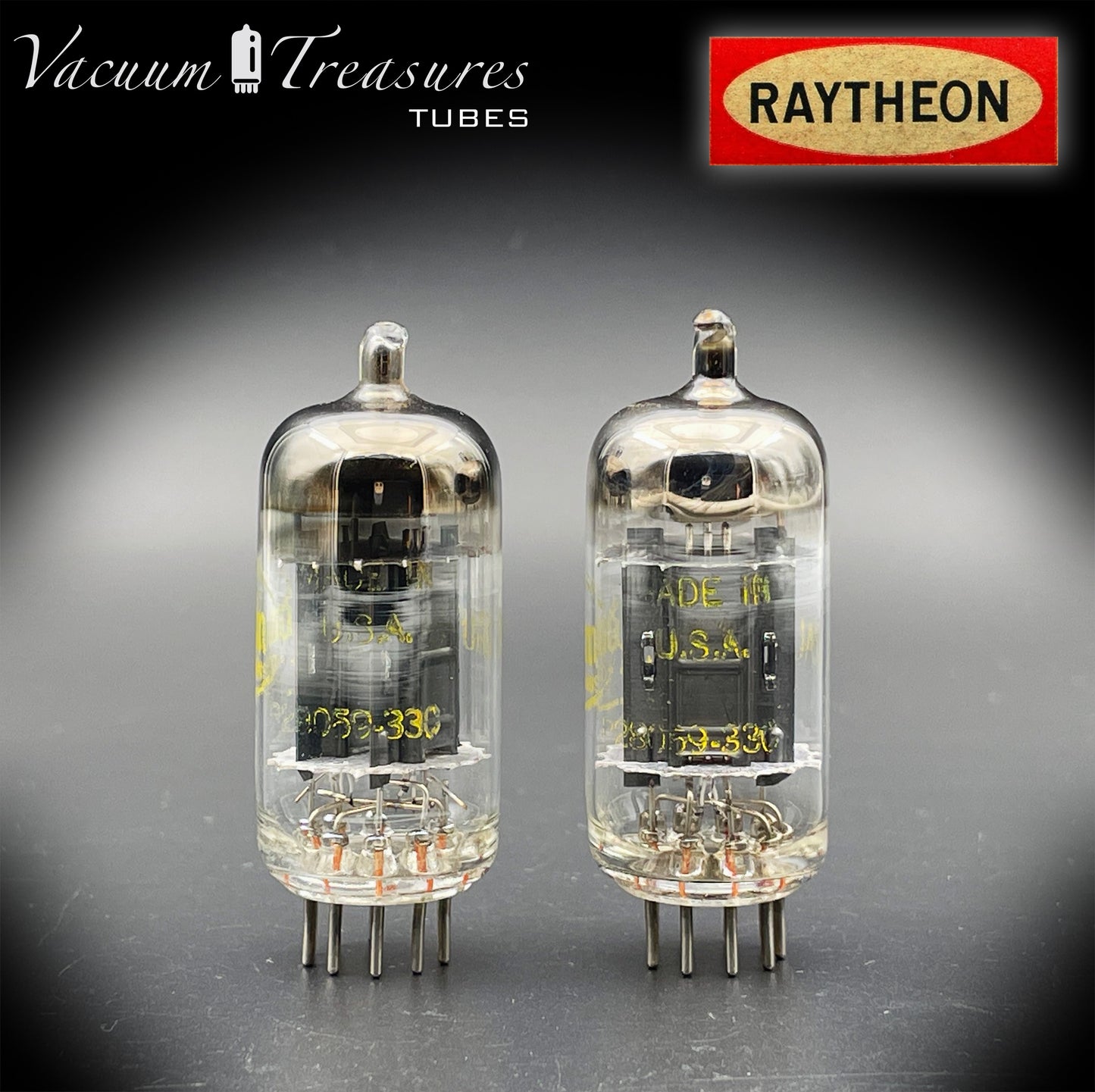 12AU7 ( ECC82 ) NOS RAYTHEON for Baldwin Long Black Plates Halo Getter Matched Tubes Made in USA '59