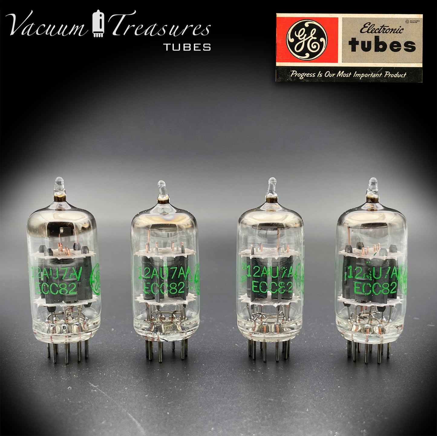 12AU7 A (ECC82) GE NOS NIB Graue Platten Halo Getter Matched Quad Tubes Hergestellt in den USA