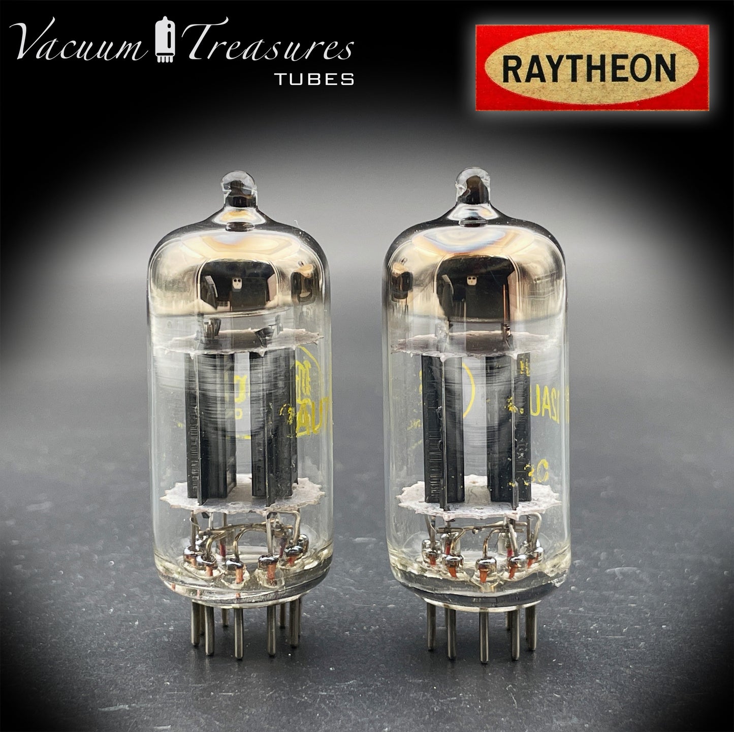 12AU7A / ECC82 Baldwin by RAYTHEON Matched Pair Tubes Long Black Plates Halo Getter Made in USA '60s