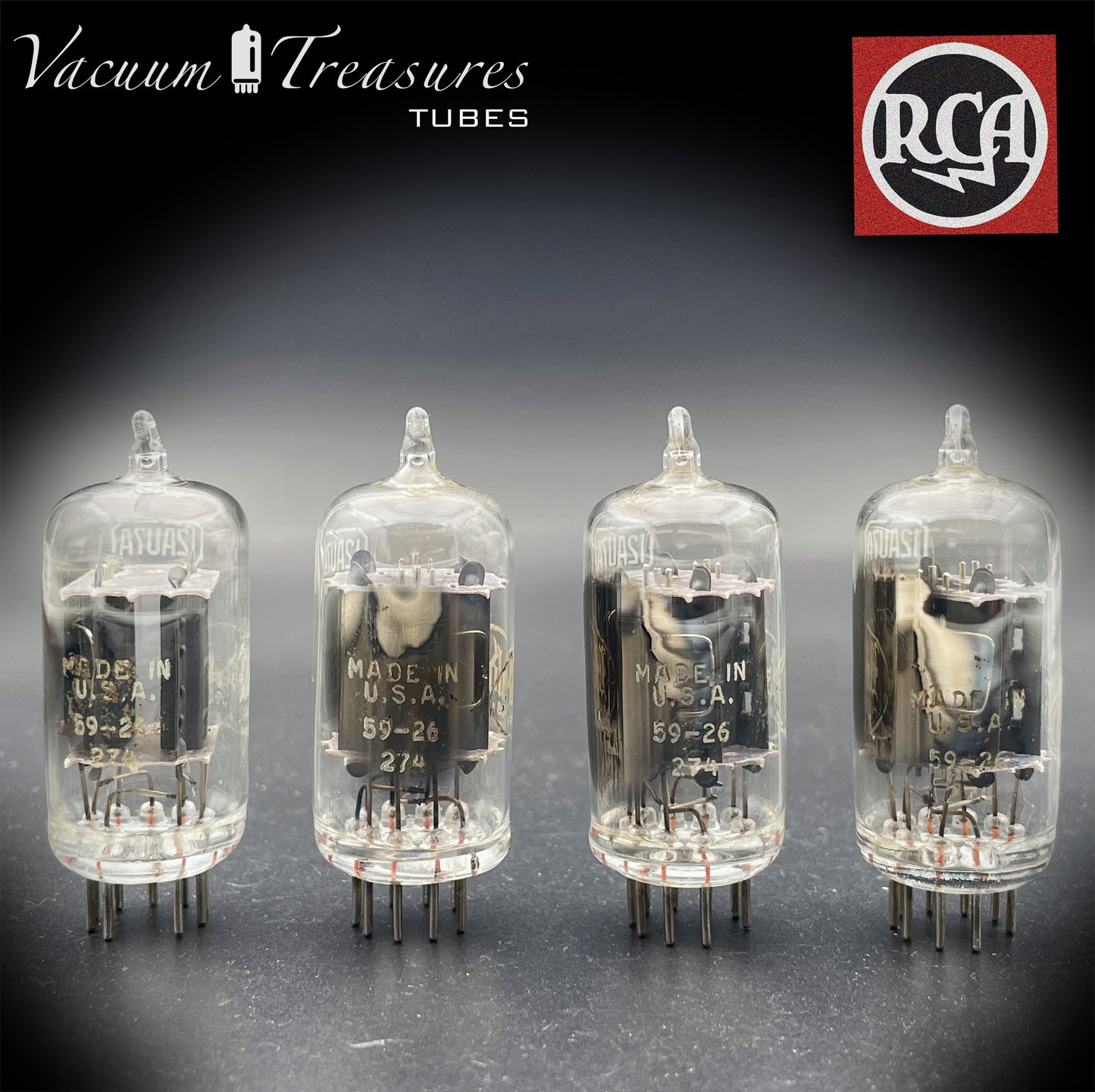 12AU7 / ECC82 Baldwin by RCA AMPLITREX Matched Quad Clear Top Long Gray Plates Side D Getter Tubes