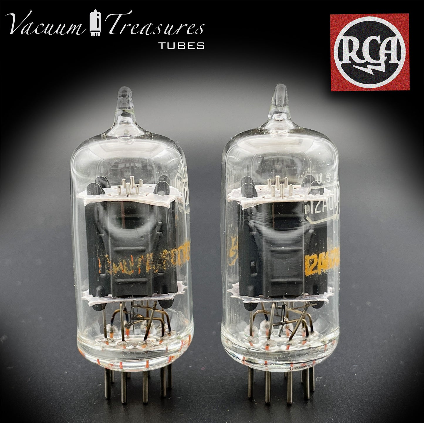 12AU7 A (ECC82) RCA, transparente Oberseite, lange graue Platten, Seite [] Getter-abgestimmte Röhren, hergestellt in den USA