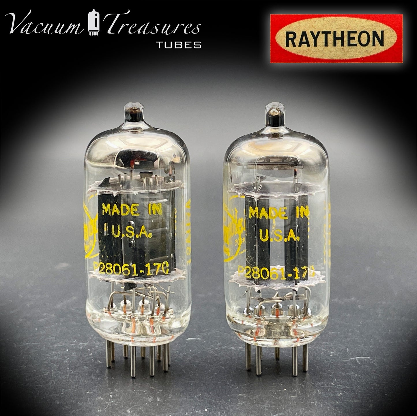 12AU7A / ECC82 NOS Baldwin by RAYTHEON Matched Pair Tubes Long Black Plates Halo Getter Made in USA '61