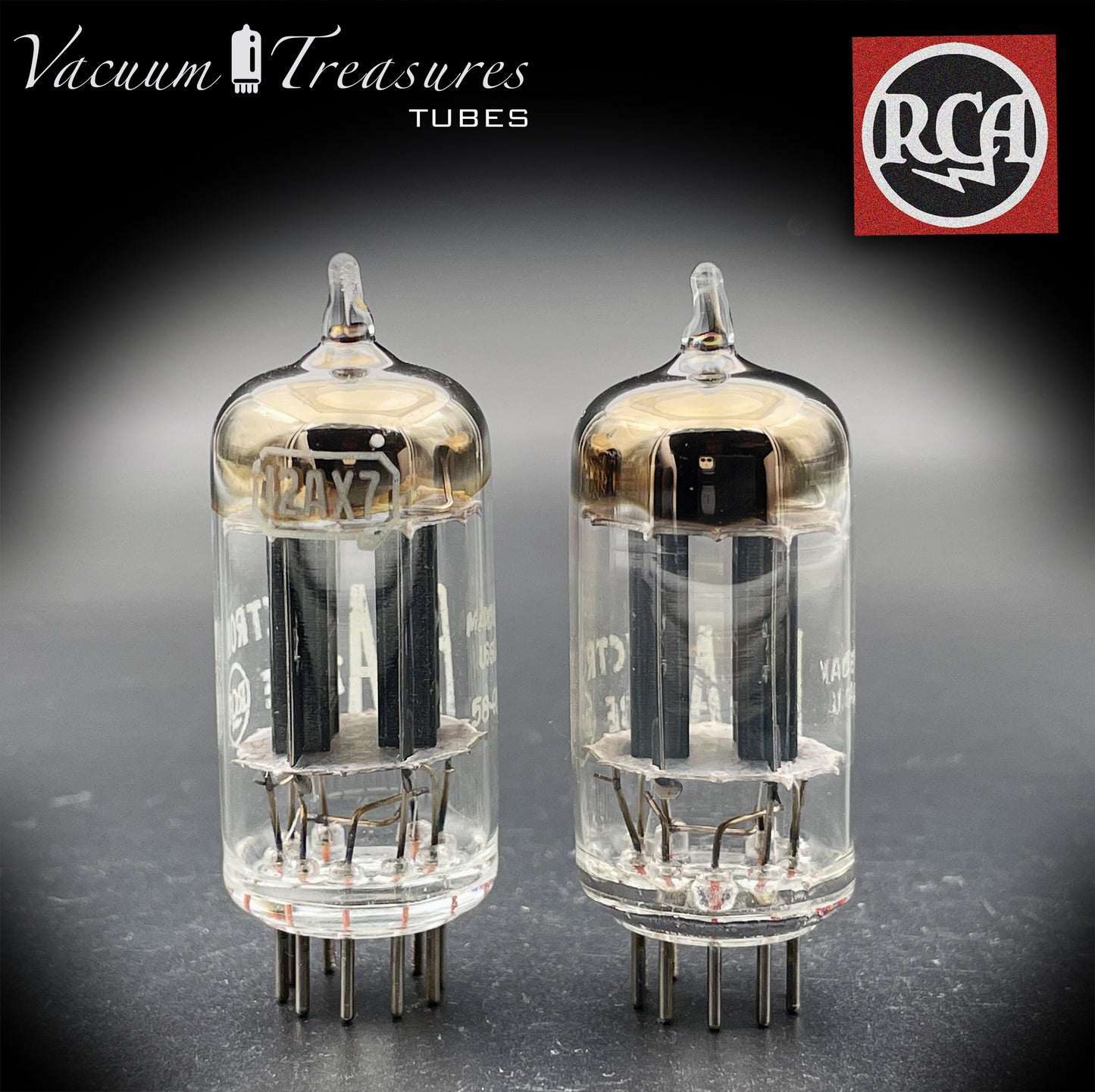 12AX7 / ECC83 RCA Matched Pair Long Black Plates Square Tilt getter Made in USA '58
