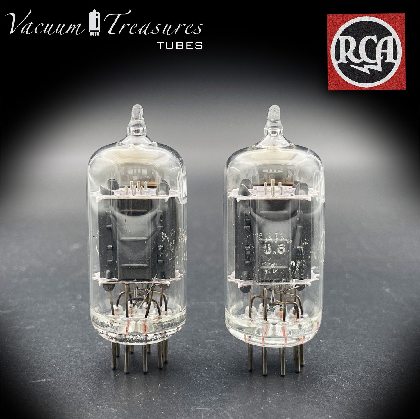 12AU7 / ECC82 Baldwin by RCA AMPLITREX Matched Pair Clear Top Long Gray Plates Side D Getter Tubes