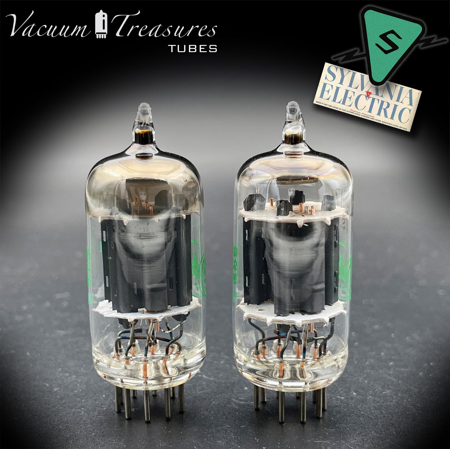 12AU7A / ECC82 NOS Baldwin by Sylvania Matched Pair Long Gray Plates Halo Getter Tubes USA '63