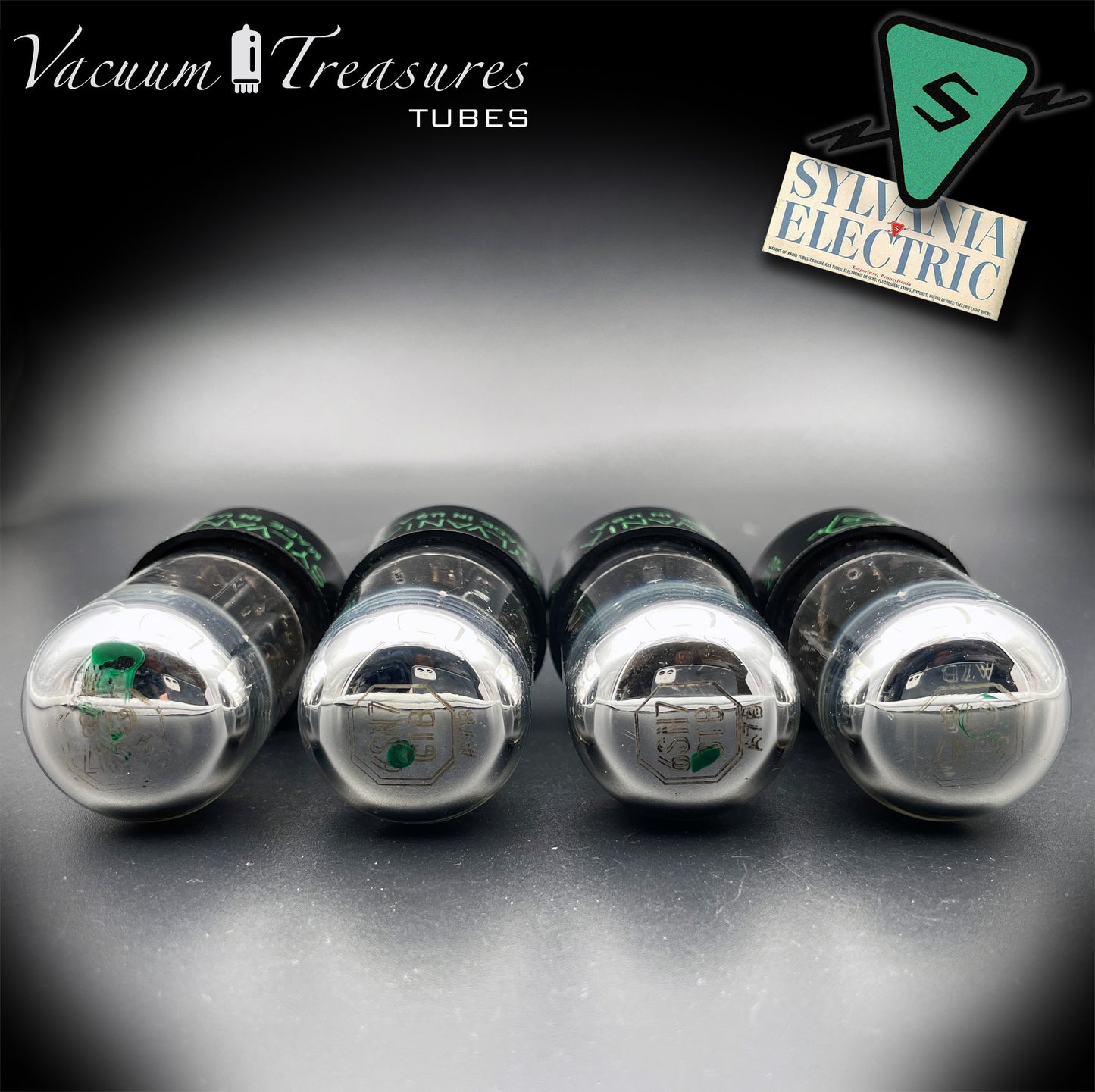 6SN7GTB NOS SYLVANIA CHROME TOP Green Dot Matched Quad Black Plates Tubes USA '50s