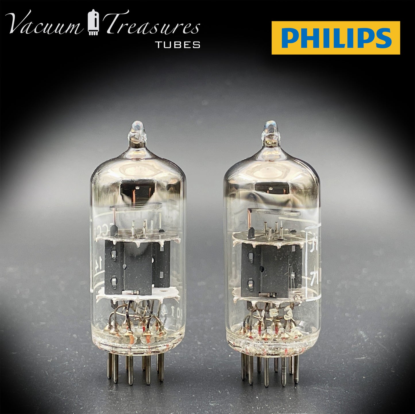 12AT7 ( ECC81 ) NOS NIB PHILIPS by Mullard, Blackburn Plant, Wing Gray Plates Halo Getter Matched Pair Tubes MADE IN GT. BRITAIN