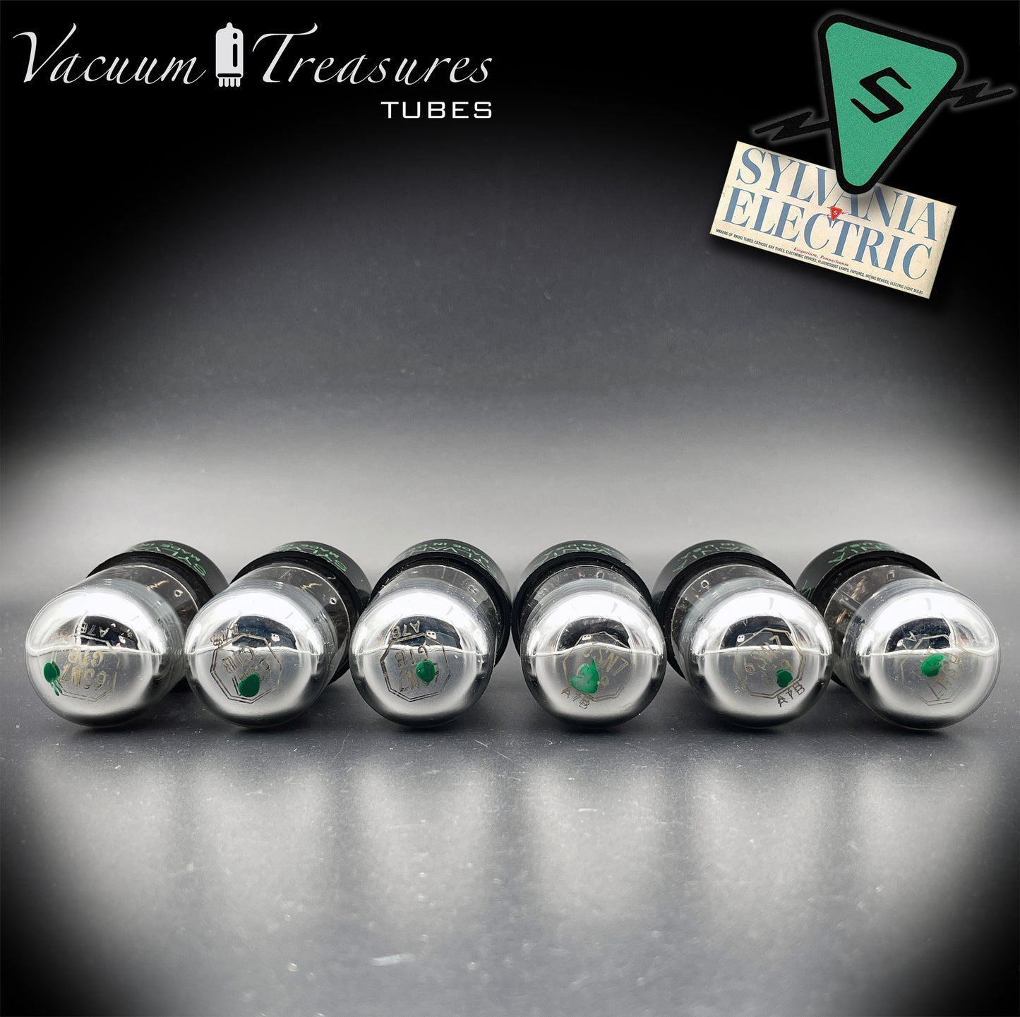 6SN7GTB NOS SYLVANIA CHROME TOP Green Dot Matched Sextet Black Plates Tubes USA